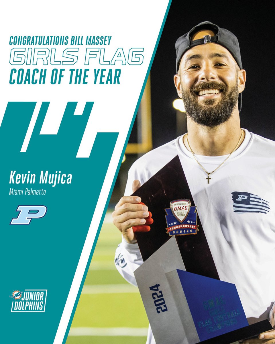 Coach Kevin Mujica of Palmetto HS earned the first-ever Miami Dolphins Bill Massey Flag Football Coach of the Year! After winning the first state championship in Miami-Dade County history, Coach Mujica has earned a $2k grant to continue developing the sport. 👏 #JuniorDolphins