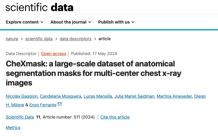 🫁 CheXmask was officially published in <a href="/ScientificData/">Scientific Data</a> 🎉

We released more than 650k lung and heart segmentation masks for 5 large scale X-ray datasets, with per-image quality index!

Paper➡️ nature.com/articles/s4159…

More info in this thread👇
x.com/enzoferrante/s…