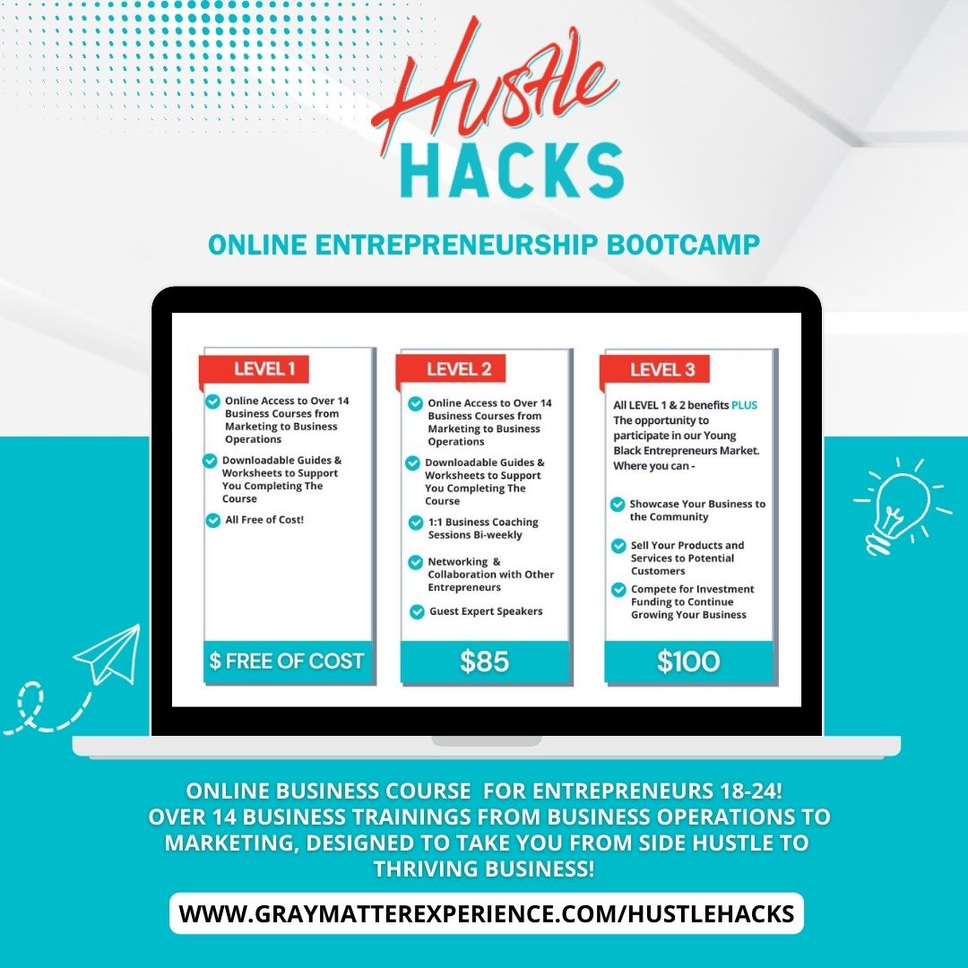 Are you ready to take your side hustle to the next level? Hustle Hacks is an 8-week virtual cohort program designed specifically for entrepreneurs 18-24 who are ready to transform their passion into a successful business.
Apply Now graymatterexperience.com/hustlehacks