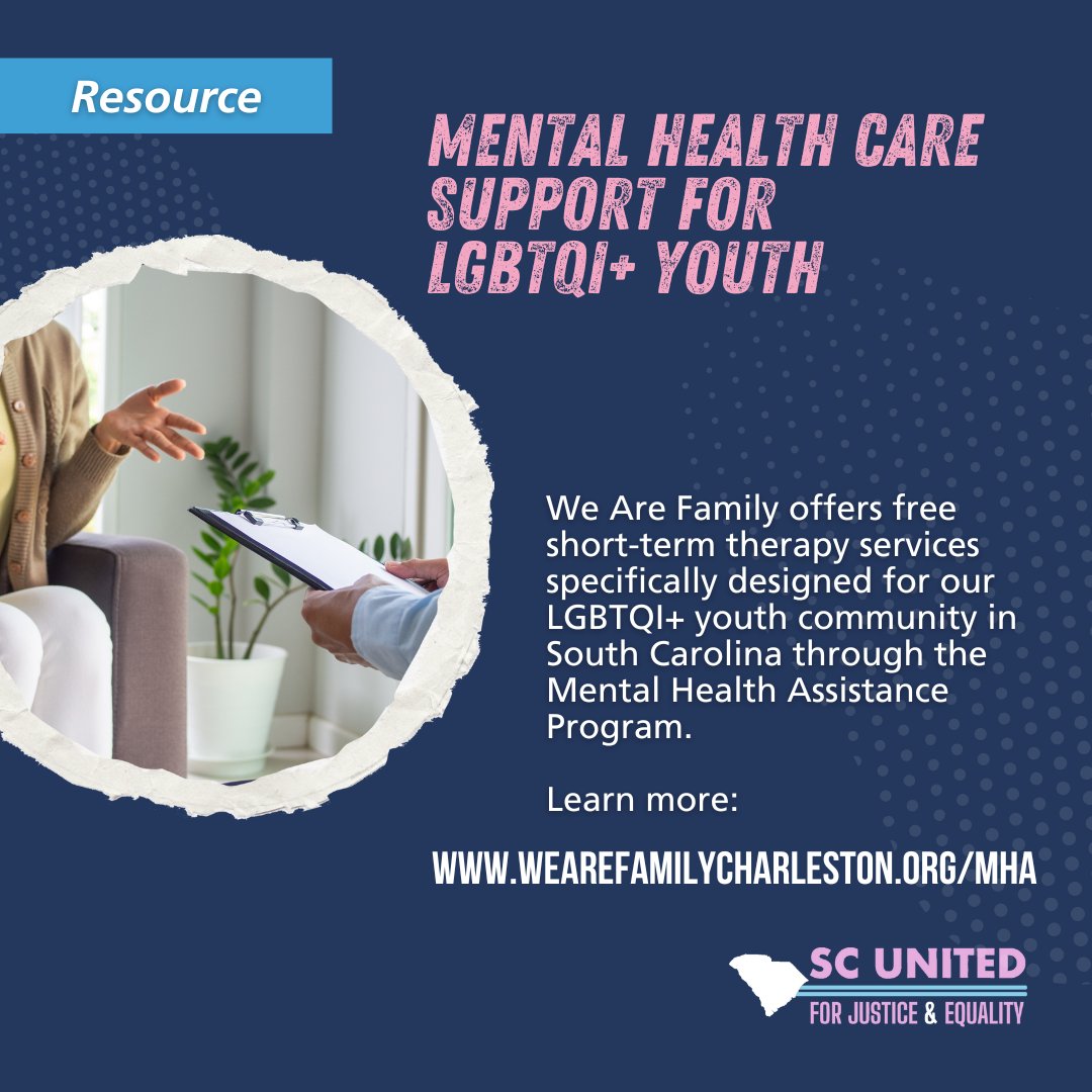 SC United for Justice & Equality (@scunited_lgbtq) on Twitter photo We know a lot of young LGBTQ+ folks are struggling in the wake of H. 4624 moving to the governor’s desk. Our partner <a href="/WeAreFamilyCHS/">We Are Family</a> offers free mental health support for any LGBTQ+ youth in South Carolina who needs it. Reach out to them here ❤️wearefamilycharleston.org/mha We know a lot of young LGBTQ+ folks are struggling in the wake of H. 4624 moving to the governor’s desk. Our partner <a href="/WeAreFamilyCHS/">We Are Family</a> offers free mental health support for any LGBTQ+ youth in South Carolina who needs it. Reach out to them here ❤️wearefamilycharleston.org/mha