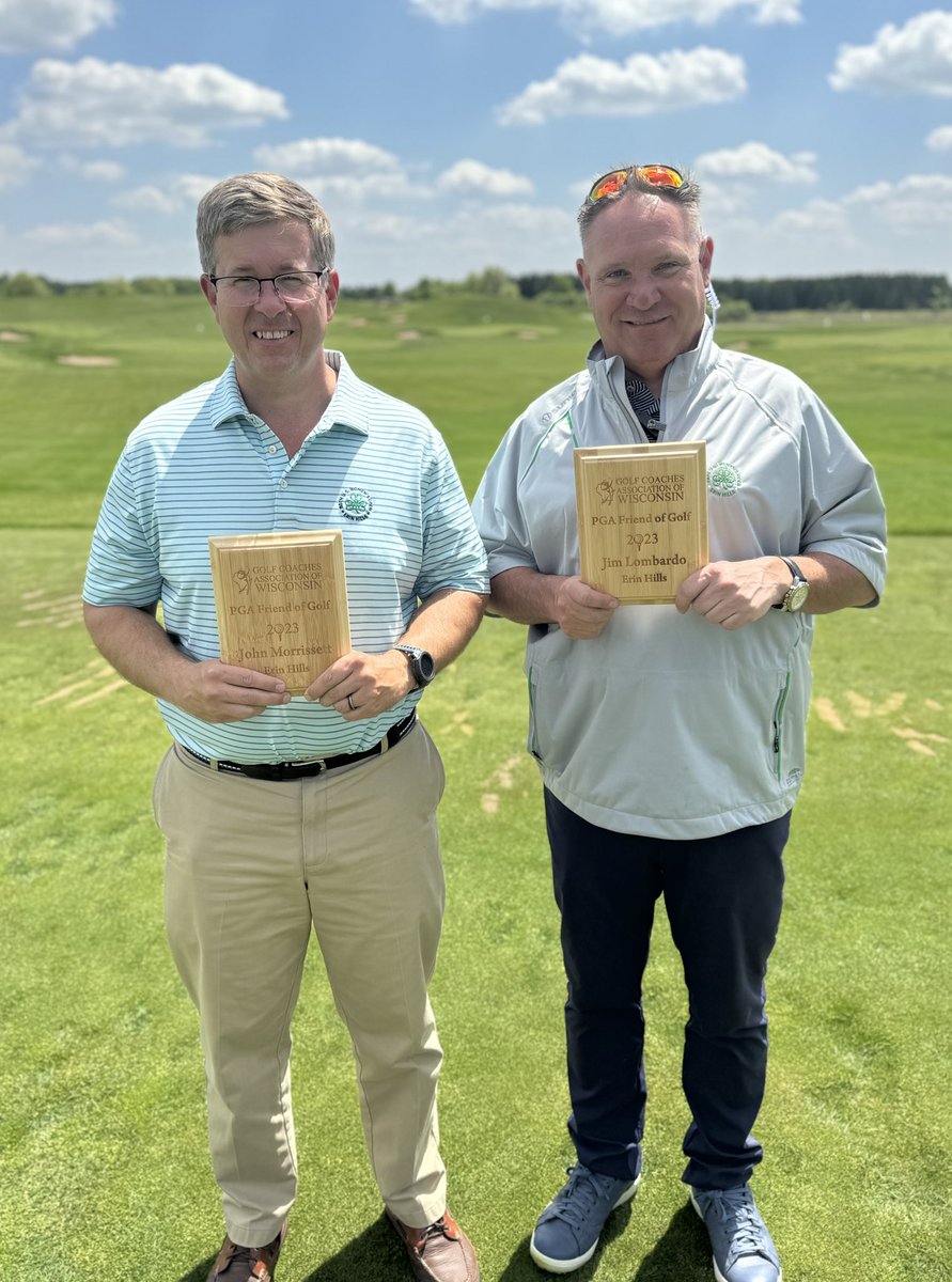 Today we presented John Morrissett and Jim Lombardo of @ErinHillsGolf with the @GCAOWI Friends of Golf Award. Thanks for everything you do for @HUHS_Ggolf and @HUHS_BoysGolf teams and golf around the state!!