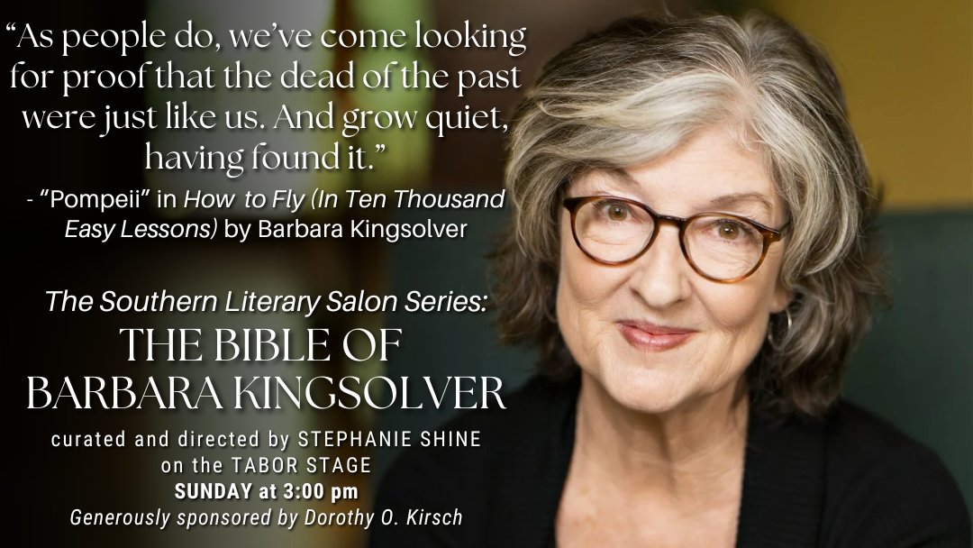 Hear readings from Pulitzer Prize-winner Barbara Kingsolver's luminous works during THE BIBLE OF BARBARA KINGSOLVER! Join us Sunday at 3:00 pm for our next Southern Literary Salon! tnshakespeare.org/bible-of-barba… #tnshakespeare #memphis #theatre #events