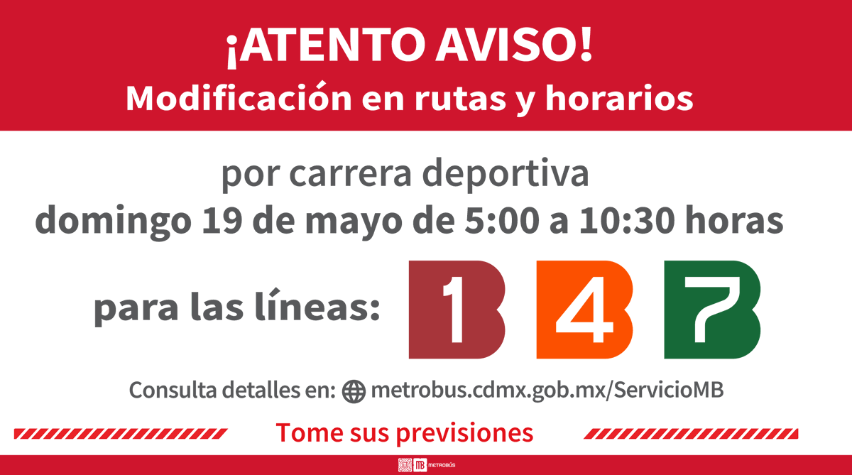 Importante 👇🏻🚨

Este domingo 19 de mayo las líneas 1, 4 y 7 tendrán modificaciones en horario y servicio por carrera deportiva. 

#TómaloEnCuenta