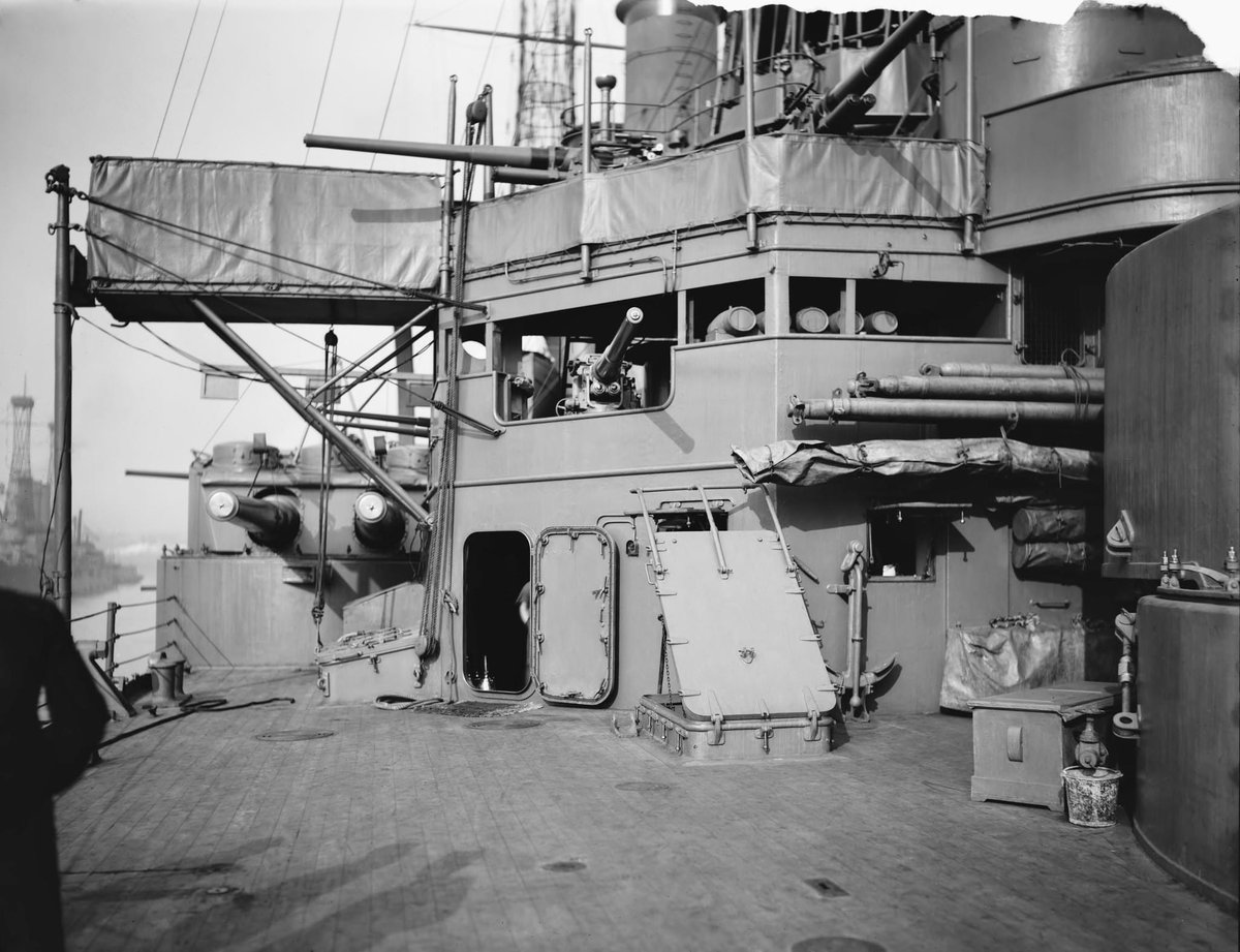 Lead Ship, Pre-Dreadnought Battleship USS Connecticut pictured showing one of her eight 8 inch/45 calibre secondary armament turrets...Brooklyn Navy Yard on January 2nd 1912.