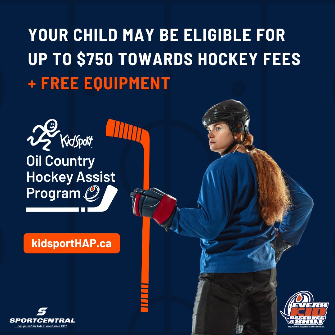 Want to put your kid in hockey, but worried about the cost?

Great news: the KidSport Oil Country Hockey Assist Program is BACK!

Head to kidsportHAP.ca for full details and to check your eligibility.

#SoALLKidsCanPlay
#EveryKidDeservesAShot
#EKDaS