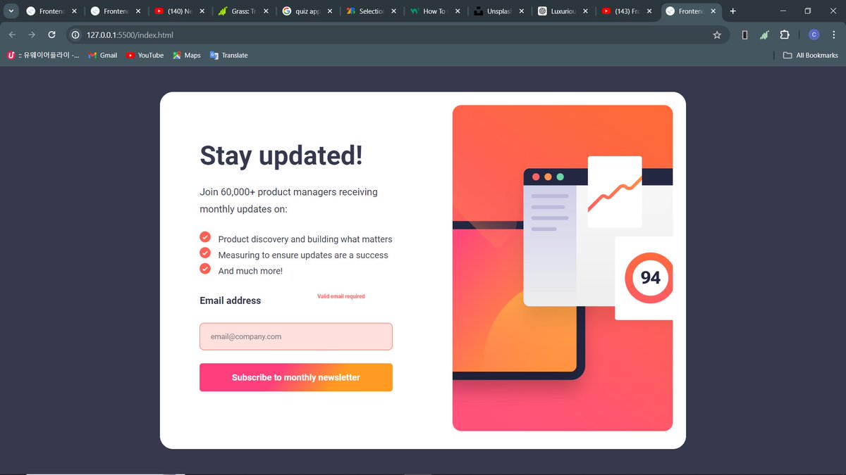Day 47 of #100DaysofCode
Today, I wrapped up the project I started working on yesterday. I completed the JavaScript section, ensuring proper email validation and successfully calling the confirmed message page. 
#frontenddeveloper #technology #newsletter #html #CSS #JavaScript