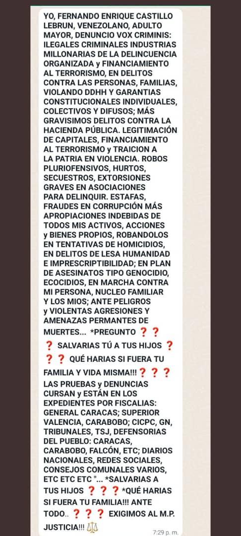 CastilloLebrun's tweet photo. @LebrunCast86699 @GiovanniRionero YO, FERNANDO ENRIQUE CASTILLO LEBRUN VENEZOLANO ADULTO MAYOR DENUNCIÓ VOX CRIMINIS PLAN D"ASESINATOS TIPO GENOCIDIO EN MARCHA CONTRA MI PERSONA NUCLEO FAMILIAR  VIOLANDO DDHH y GARANTIAS CONST VIOLENCIA ROBOS PLURIOFENSIVOS HURTOS EXTORSIÓN APROPIACIONES INDEBIDAS ESTAFAS FRAUDES https://t.co/fPyB6lmgzh