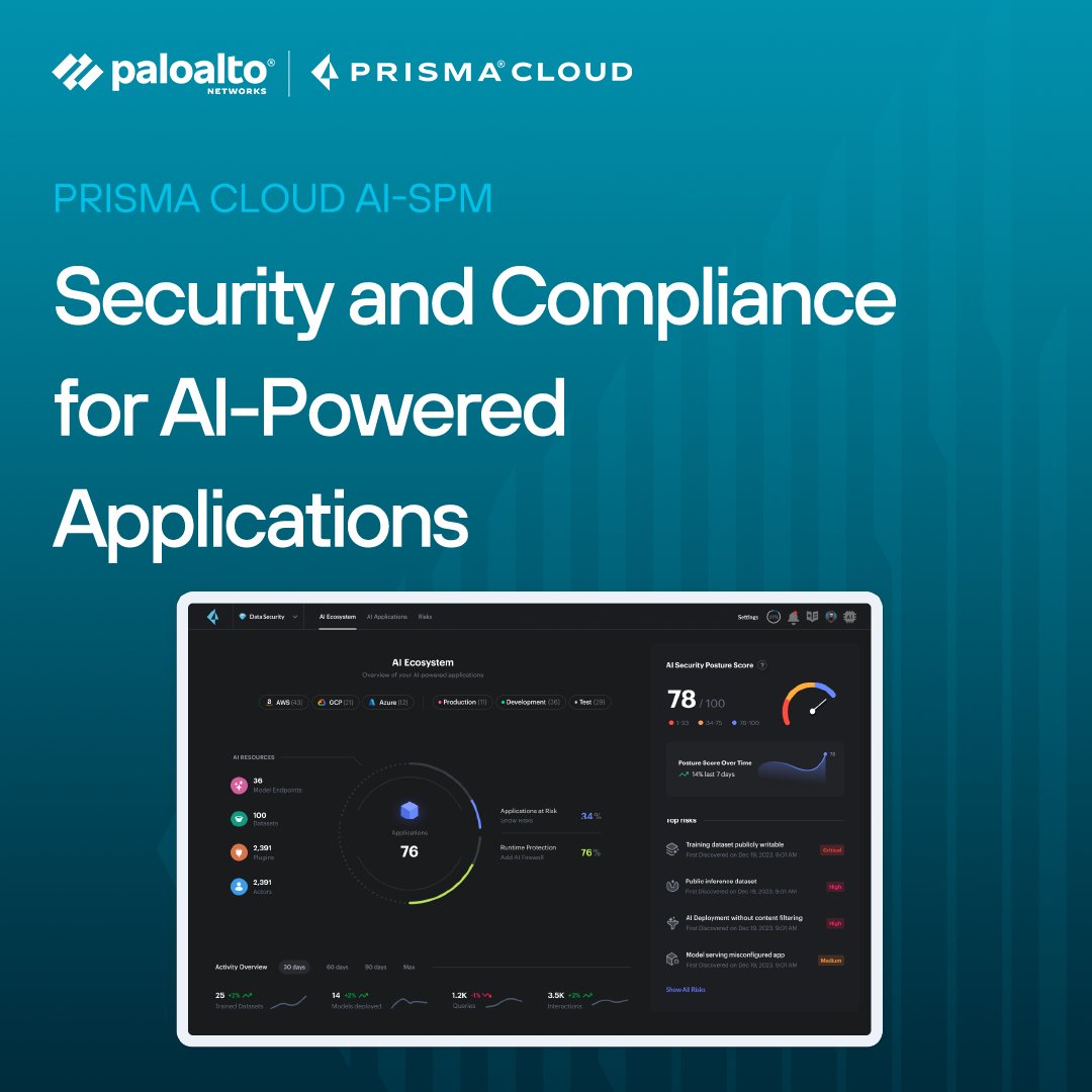 AI security, like the broader AI ecosystem, is still evolving 📈 

Learn how to protect your complete AI stack with Prisma® Cloud AI-SPM, designed to help organizations protect against the unique risks associated with AI, ML and GenAI models. bit.ly/3QEKLwz
