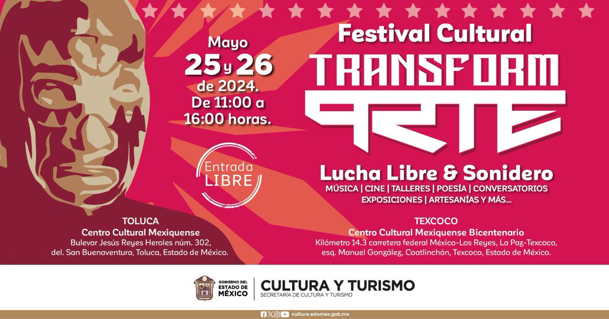 No te pierdas #TransformARTE este 25 y 26 de mayo con temática #LuchaLibre y #Sonidero, disfruta de este gran festival cultural lleno de música, talleres, poesía, cine, artesanías y mucho más. 📍 Centro Cultural Mexiquense, #Toluca. 📍 @ccmbcultura, #Texcoco. 🎟️ #EntradaLibre