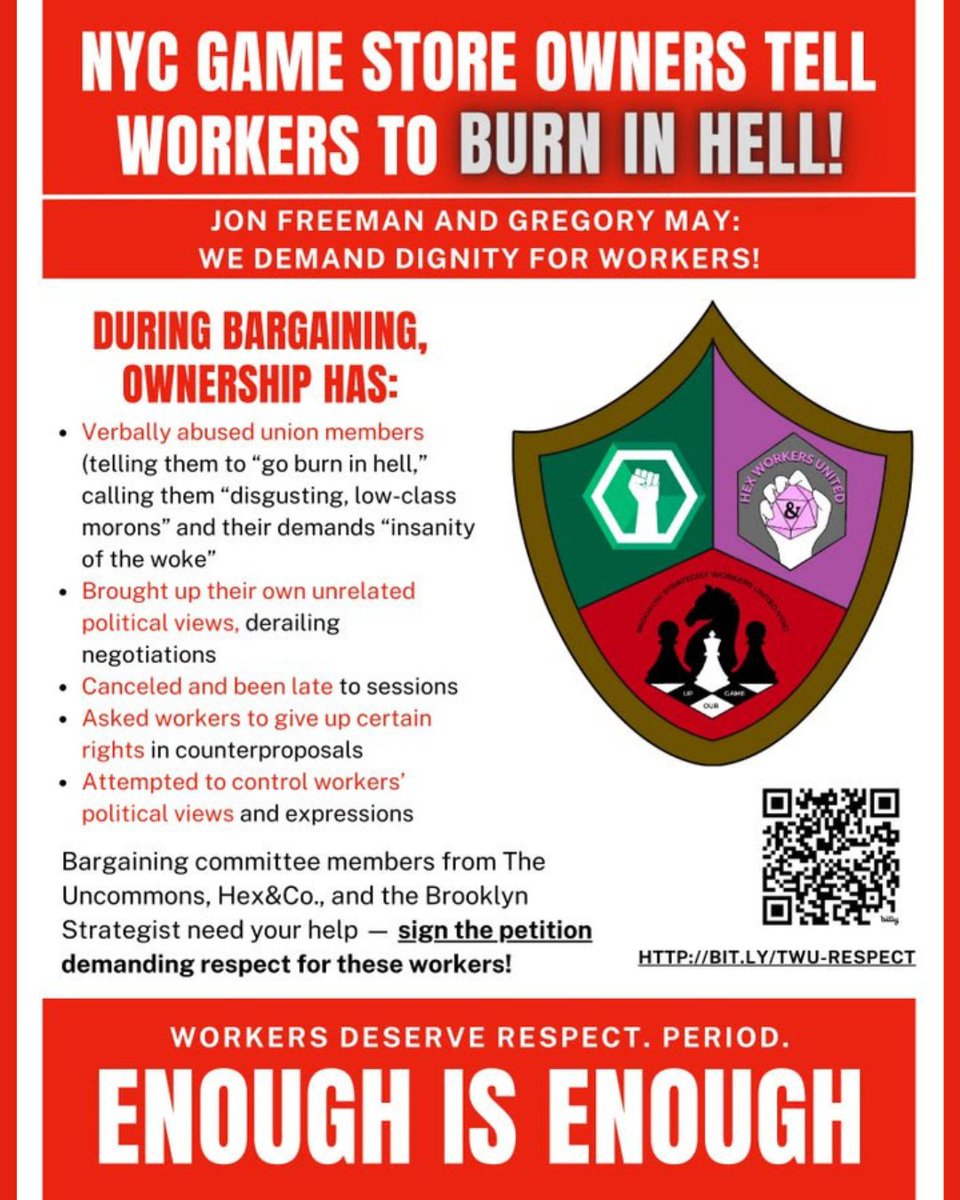 The board game cafe workers of Hex&amp;Co, the  Brooklyn Strategist and the Uncommons are speaking out!

Read more: nycclc.org/news/2024-05/n… #1u