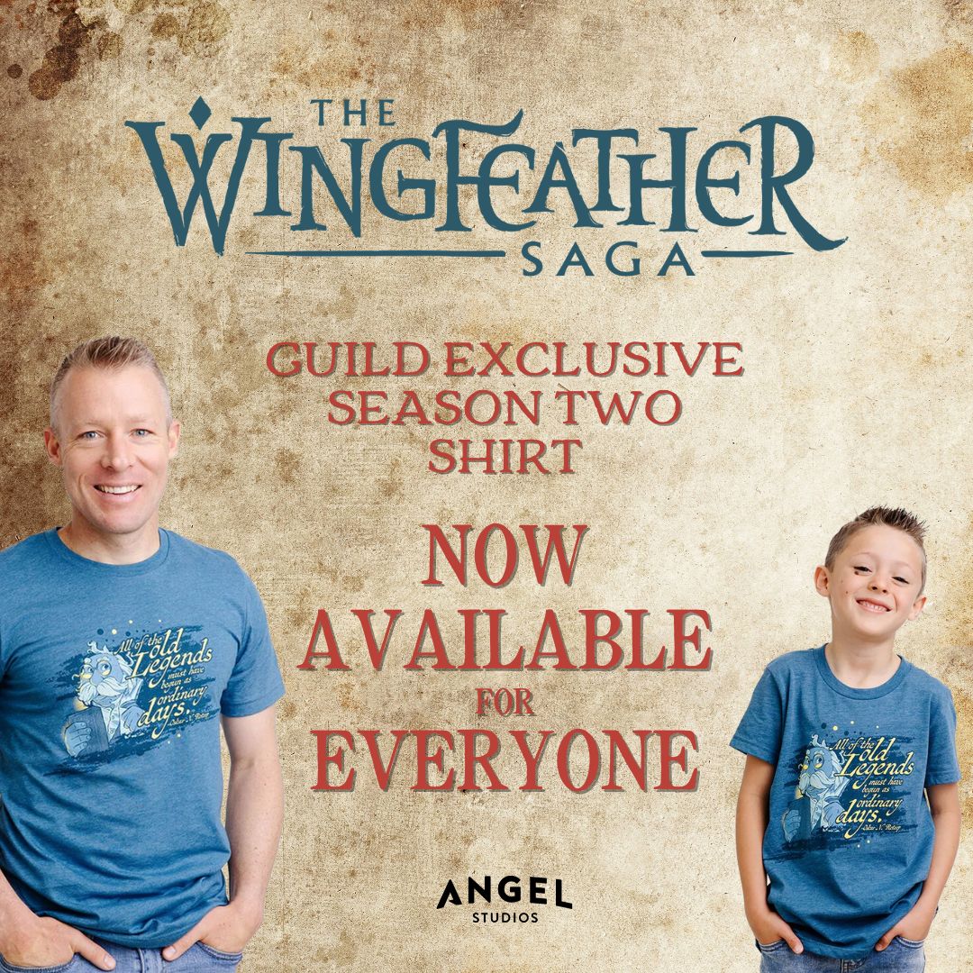 wingfeathersaga's tweet photo. Now that all 7 episodes of Season Two are available for streaming, we are celebrating by making the Angel Guild exclusive t-shirt available for everyone! Bring Glipwood’s famous bookwork with you wherever you go with this new merch. #WingfeatherSaga #WingfeatherMerch #AngelGuild https://t.co/FglNyMLqna