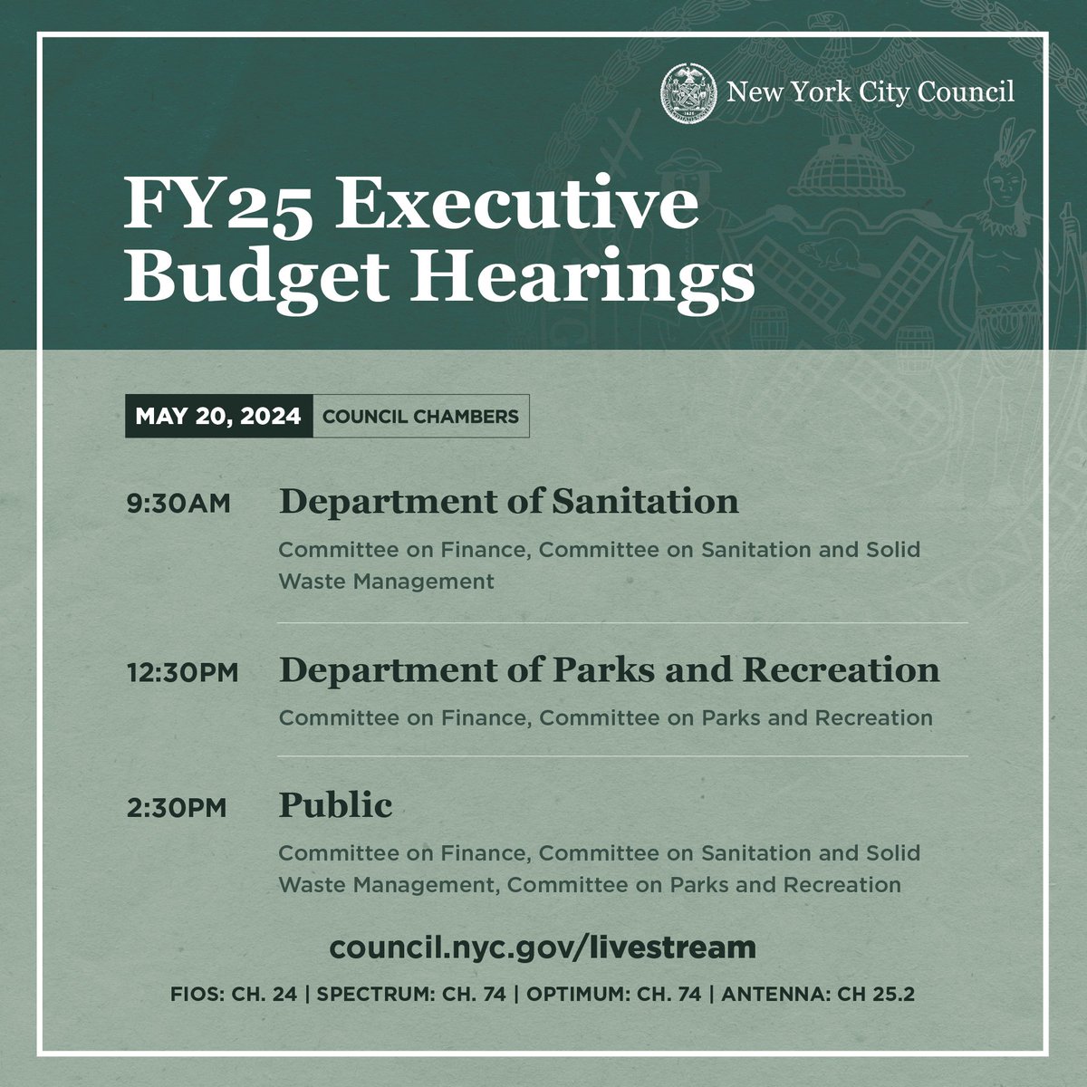 Tune in Monday for Day 10 of our FY25 Executive Budget Hearings, featuring testimony from @NYCSanitation and @NYCParks. 📺 Watch live: council.nyc.gov/livestream/