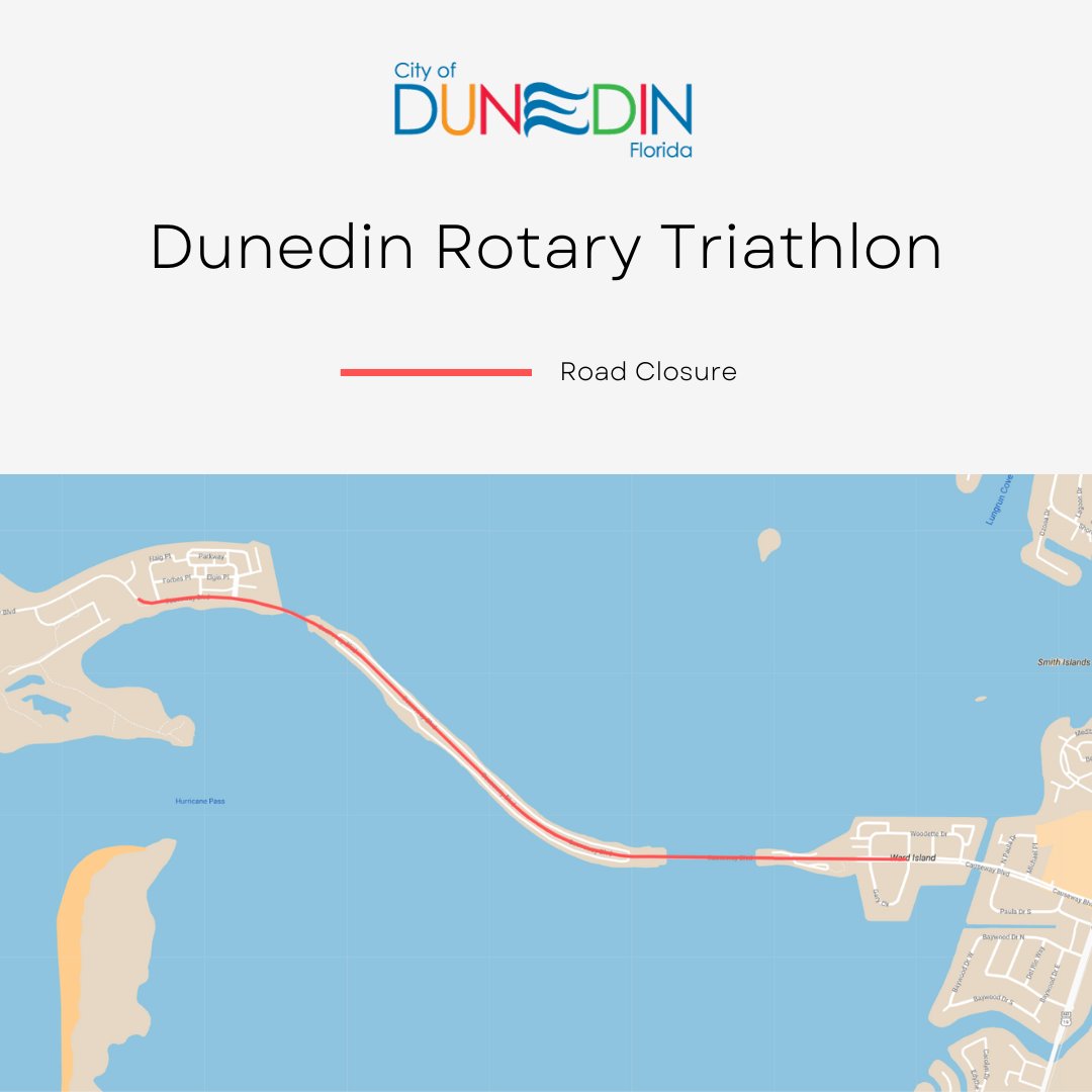 On Sunday, May 19, 2024, Causeway Blvd from Gary Cir to Honeymoon Island State Park will be closed from 6am to 10am for the Dunedin Rotary Triathlon. Presented by the Dunedin Rotary Club. Learn more: loom.ly/BT6KvVk