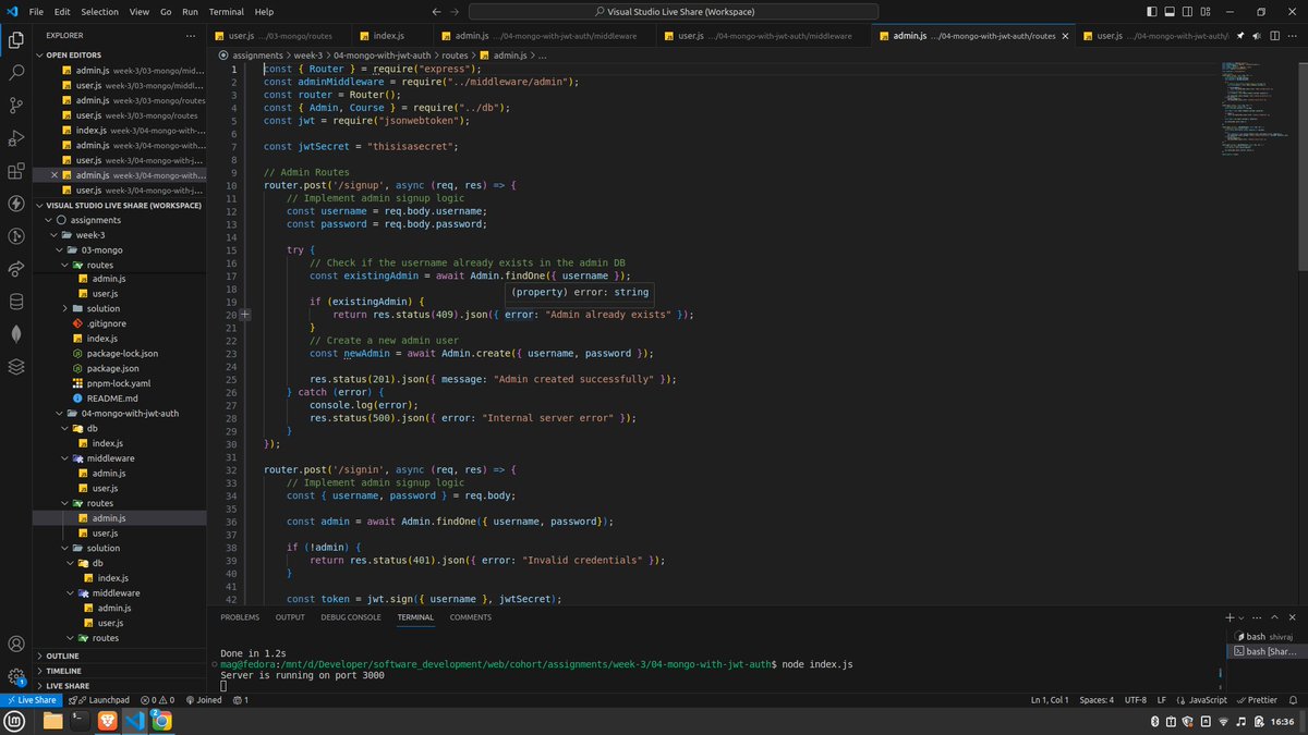 aboutshiv's tweet photo. I have finished my Week 3 cohort assignments. I worked on:
JWT authentication.
Mongo.
#coding #webdeveloper #webdev #jwt #jsonwebtoken https://t.co/8Apq2AfTVm