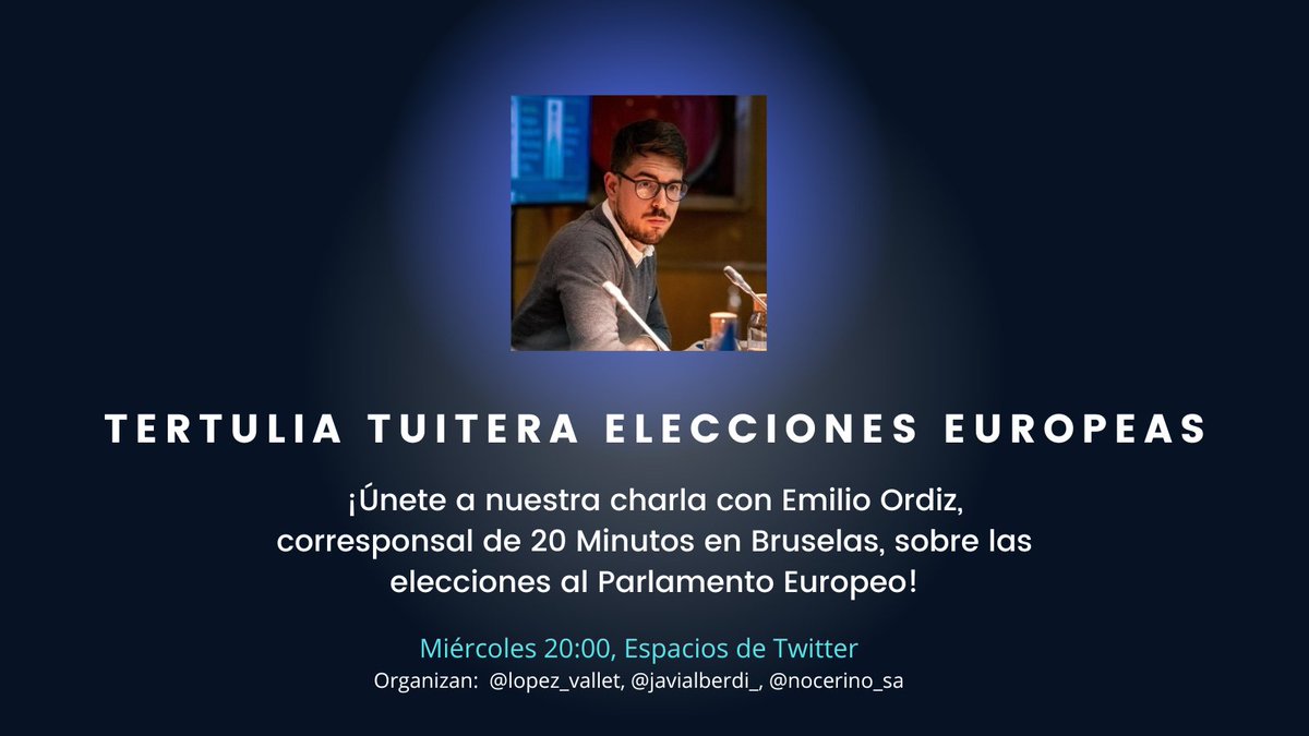 ¿Tienes plan para el miércoles a las 20:00? ¡Ahora sí!

🇪🇺 Con <a href="/EmilioOrdiz/">Emilio Ordiz</a> nos embarcaremos en una titánica tarea: hablar de las elecciones europeas como lo que son, no como termómetros de la política nacional.

¡Únete y participa en el espacio de Twitter!