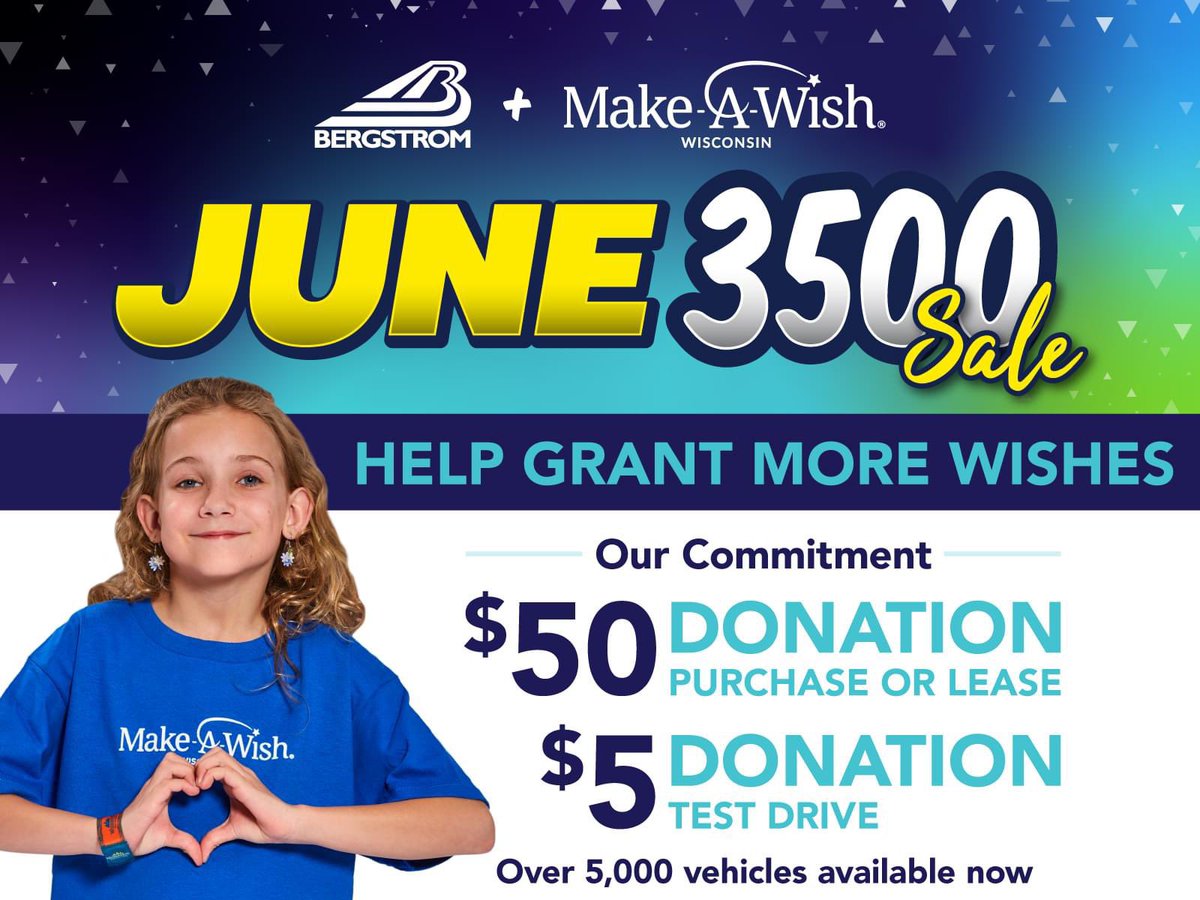 🚨 All vehicles with new, lower prices &amp; lease payments! Plus, 4.99% for 72 mo available! Help grant more wishes for local kids! During June, we're partnering with Make-A-Wish Wisconsin to help make a difference.

Shop: bergstromauto.com/new
Shop: bergstromauto.com/used