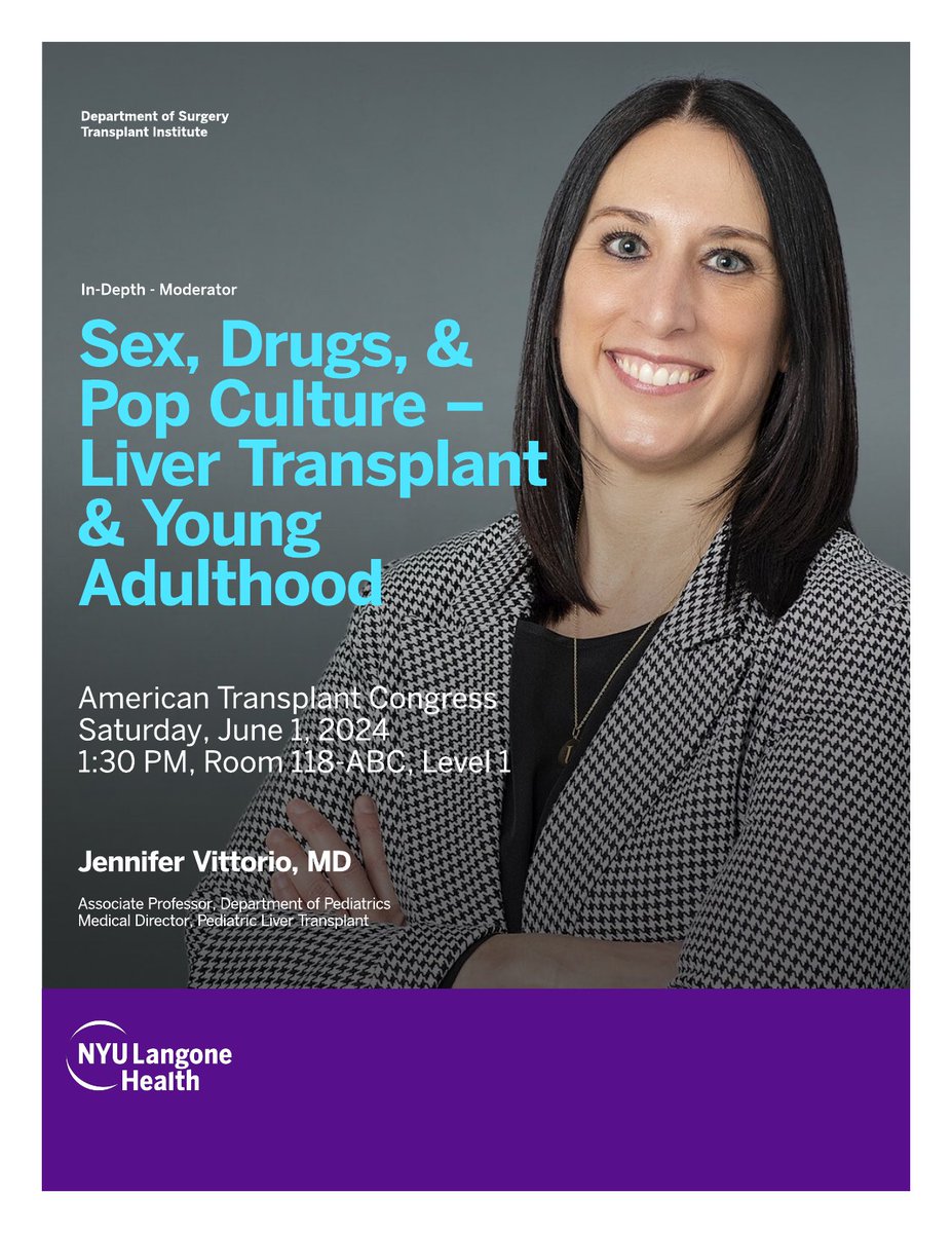 Excited to announce Dr. Jennifer Vittorio (@JVittorioMD) will be moderating 'Sex, Drugs, & Pop Culture: Liver Transplant & Young Adulthood' at the American Transplant Congress! Join us for this insightful session at #ATC2024Philly. Don't miss it!