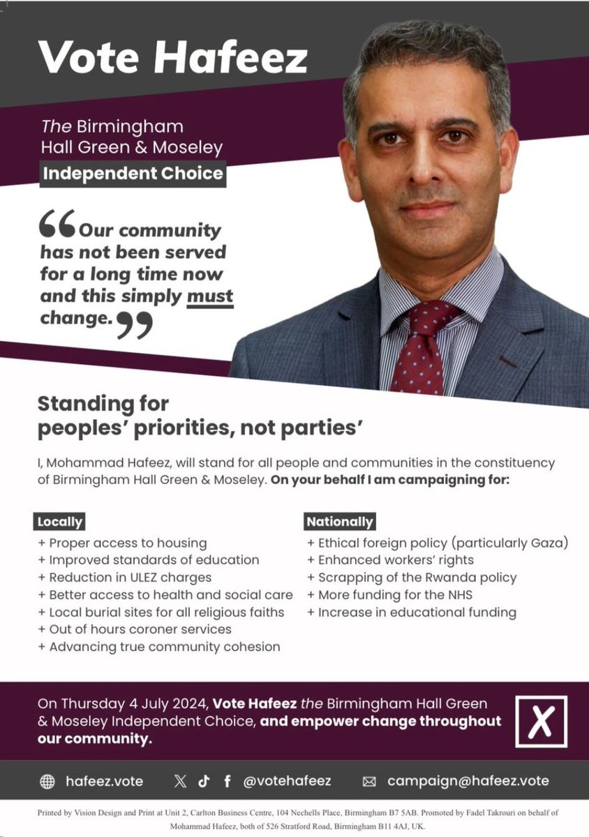 🚨Announcing my candidacy as Parliamentary Candidate for Hall Green and Moseley 

📣 #Votehafeez 4th July: Standing for peoples' priorities, not parties', Hall Green and Moseley : Join my campaign hafeez.vote

#Votehafeez 
#Hafeez4HallGreen