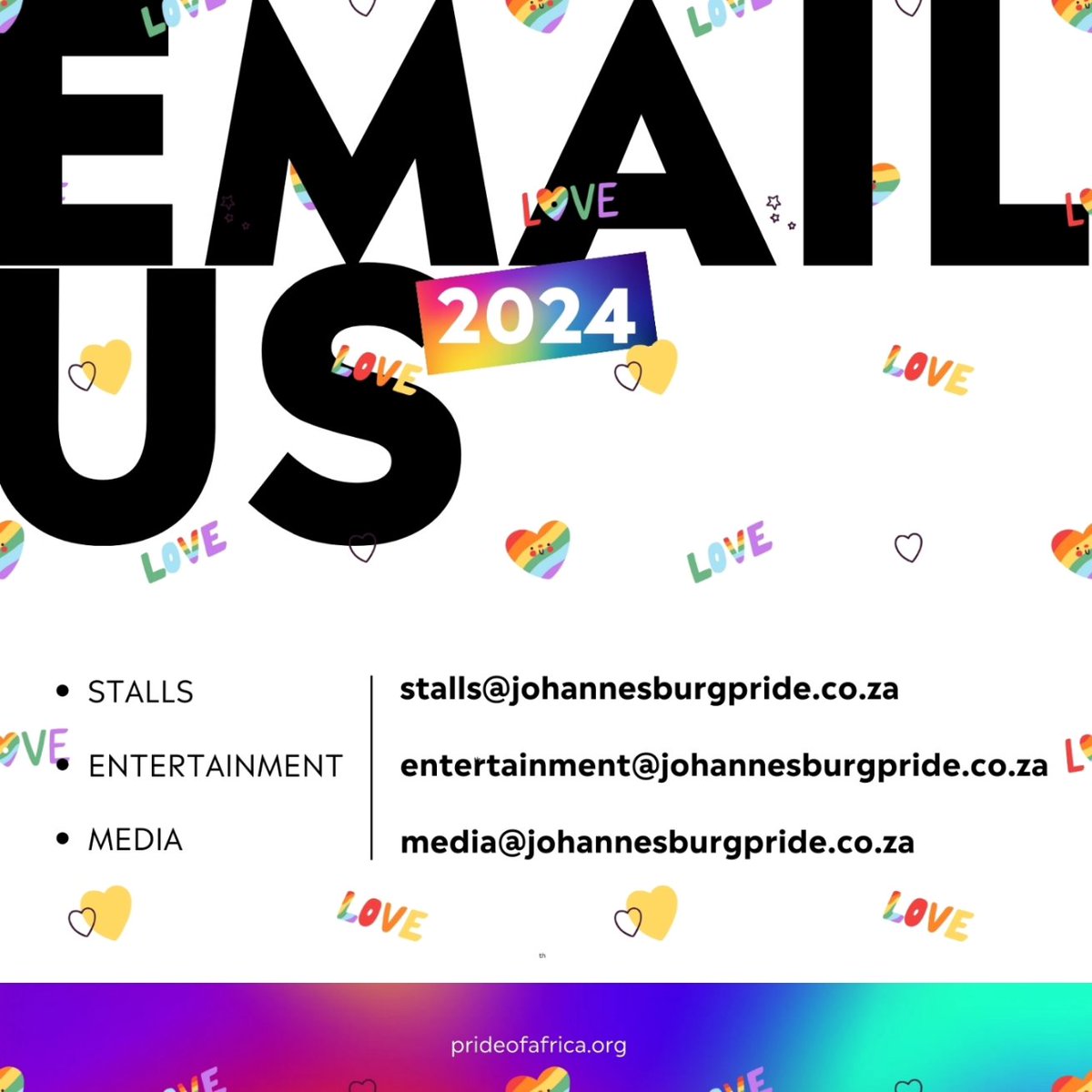 🎉 International Pride Day Announcement! 🌈
Pride of Africa proudly presents the 35th Johannesburg Pride Celebration and an exciting lineup of events for African Pride Month in October! 🎊

Save the Dates now!

#Pride #pridemonth