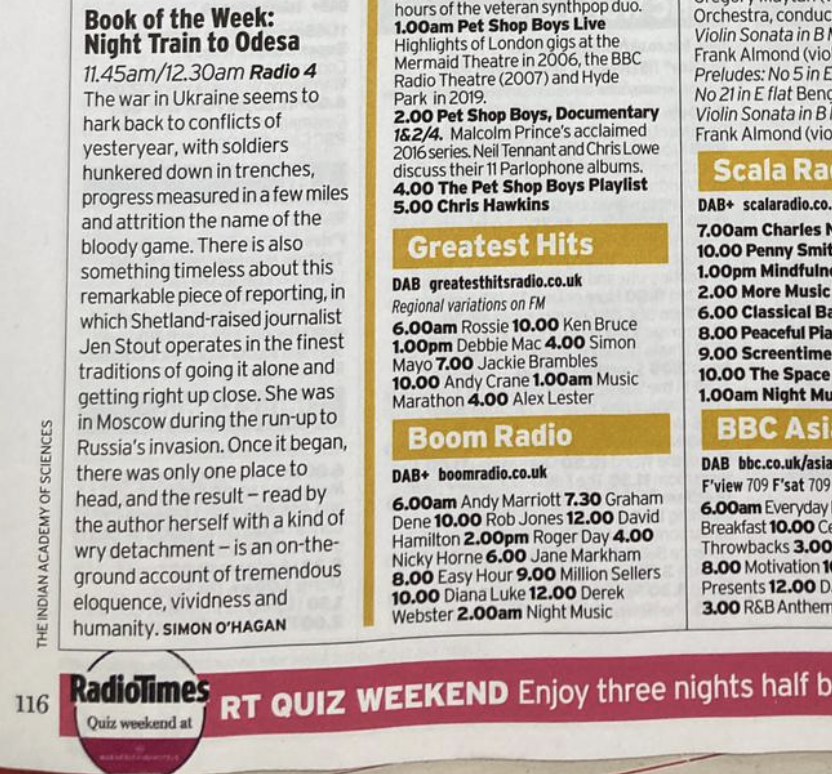 Jen Stout (@jm_stout) on Twitter photo Blown away by this review of Night Train to Odesa - the abridged Radio 4 version which starts on Monday - "tremendous eloquence, vividness and humanity". Found in the current <a href="/RadioTimes/">Radio Times</a>. Blown away by this review of Night Train to Odesa - the abridged Radio 4 version which starts on Monday - "tremendous eloquence, vividness and humanity". Found in the current <a href="/RadioTimes/">Radio Times</a>.