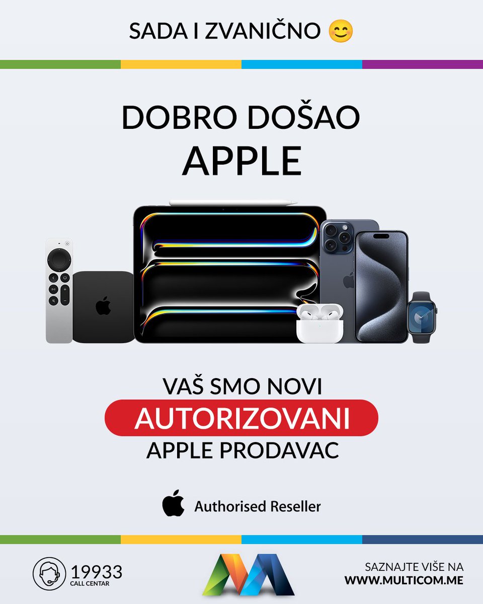 MulticomRetail's tweet image. 🎊 Sa velikim zadovoljstvom vas obavještavamo da smo od danas i zvanično postali vaš novi autorizovani Apple prodavac

📱 U našoj ponudi pored Apple telefona sada možete pronaći i sve ostale uređaje iz Apple ekosistema

✨ Posjetite nas u bilo kojoj poslovnici i uživo testirajte…
