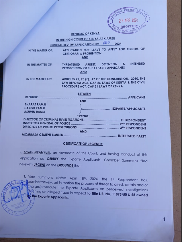 C_NyaKundiH's tweet photo. High Court and Court of Appeal Ruling Ignored as Senior DCI Officers Harass Landowner 

In 2010, Bharat Ramji, Harish Ramji, and Ashvin Ramji purchased a parcel of land from the National Social Security Fund (NSSF).

This prime real estate situated along Mombasa Road Next to the Mombasa Cement factory was a major investment but what began as a promising acquisition soon spiraled into a bitter legal battle marked by fraud, goon invasion, and allegations of corruption within our law enforcement system.

The Ramji family's ordeal started innocuously enough.

They acquired the land legally, receiving the title deed from NSSF.

But as fate would have it, Mombasa Cement Limited, a powerful entity with deep connections, had its sights set on the same land.

In a brazen move, Mombasa Cement deposited money into the NSSF account without any formal agreement or authorization, following which they orchestrated an illegal eviction of the Ramjis using hired goons who not only evicted them but also demolished parts of the boundary wall to amalgamate the property with their own factory premises.

The Ramjis, now dispossessed of their land, sought justice in the High Court at Milimani.

Justice Kossy Bor presided over the case, which seemed straightforward enough given the clear legal ownership documents the Ramjis held but in a surprising turn of events, Justice Bor ruled in favor of Mombasa Cement, validating the company's counterclaims of fraud and improper acquisition against the Ramjis.

The ruling shocked many and was perceived as a glaring miscarriage of justice.

Undeterred, the Ramjis appealed to the Court of Appeal and their persistence paid off.

In Civil Appeal No. 590 of 2019, the appellate judges – Justices Musinga, Ngenye, and Omondi – delivered a scathing critique of the lower court's judgment.

They meticulously dismantled the arguments presented by Mombasa Cement and acknowledged the validity of the Ramjis' title.

The Court of Appeal ordered that the land be restored to the Ramjis and Mombasa Cement evicted.

By March 2024, the property was rightfully back in the hands of its owners which marked a legal victory for the family.

But the victory was short-lived.

Mombasa Cement (leveraging its connections within the corridors of power) launched a retaliatory campaign.

Using its influence, particularly its involvement in constructing police station walls in Mombasa and Nairobi, Mombasa Cement enlisted the help of high-ranking officers within the Directorate of Criminal Investigations (DCI) and reportedly hatched a plan to reverse the Court of Appeal's decision.

The strategy was to use their authority to harass and intimidate the Ramji family in an attempt to coerce them into relinquishing their land once more.

The summonses came swiftly.

Bharat, Harish, and Ashvin Ramji were repeatedly called in for questioning by the DCI.

Under relentless pressure, they turned to the judicial system for protection.

Kiambu High Court became their refuge.

On 24th April 2024, Bharat Ramji, Harish Ramji and Ashvin Ramji obtained crucial judicial review orders from the Kiambu High Court which were signed by Hon. Lady Justice Dorah Chepkwony. 

These orders were issued to restrain the Directorate of Criminal Investigations (DCI) and the Inspector General of Police from arresting or harassing the Ramji family. 

The application was certified as urgent.

Court granted leave to the Ramjis to file a substantive judicial review application which allowed them to formally challenge the actions of the DCI and the Inspector General of Police.

The leave granted operated as a stay, meaning that any actions by the DCI or the Inspector General of Police to arrest or harass the Ramjis were temporarily halted pending the hearing and determination of the substantive judicial review 

The matter was set for mention on 20th June 2024 to confirm compliance with the court orders and to ensure that the judicial process was being followed correctly.

DCI and Inspector General of Police were given seven days upon service of the court orders to file their response to the judicial review application.

Despite having been served with orders restraining the arrest via Kiambu High Court Judicial Review Case No. HCJR/E010/2024, Wilhelm K. Kimutai (emboldened by his connections and a misplaced sense of invincibility) continued his campaign of harassment, ignoring the High Court's orders and further complicating the Ramji family's efforts to reclaim their property.

In their detailed judgment, the Court of Appeal judges found substantial flaws in the initial trial court's handling of the case.

They pointed out several key misdirections.

The appellate court noted that the trial judge had disregarded crucial evidence regarding the assignment of the suit property from Golden Terrace to the Ramjis.

"The learned judge failed to appreciate and give effect to the provisions of section 23 (1) of the Registration of Titles Act," the Court of Appeal stated.

The Court of Appeal also underscored the indefensibility of the Ramjis' title, stating, "There was no dispute that they were the registered proprietors of the suit property." The judges criticized the trial court for not recognizing this legal fact.

Addressing the clerical error in the transfer documents, the Court of Appeal clarified, "It is obvious that there was a clerical error in the preparation of the transfer document in making reference to LR No. 11895/48 when the subject matter in the entire transfer was LR No. 11895/50."