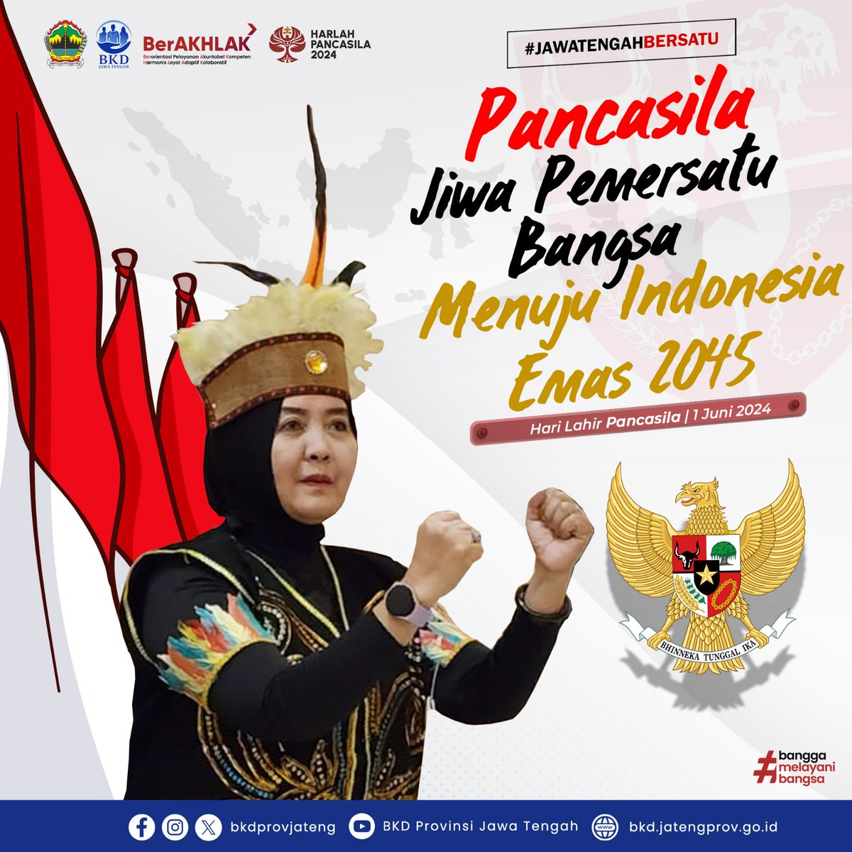 Selamat Hari Lahir Pancasila  1 Juni 2024.

Pancasila menyatukan kita dengan segala perbedaan suku, agama, budaya, dan bahasa dalam menyongsong 100 tahun Indonesia emas yang maju, mandiri dan berdaulat.

#ASNBerakhlak #BKDProvJateng @kipjateng @ppid_jateng