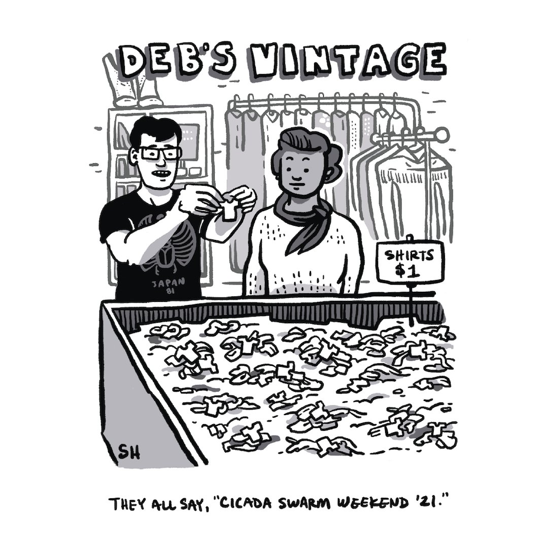 We don't have cicadas in New York, but we do have vintage thrift 

#cartoon