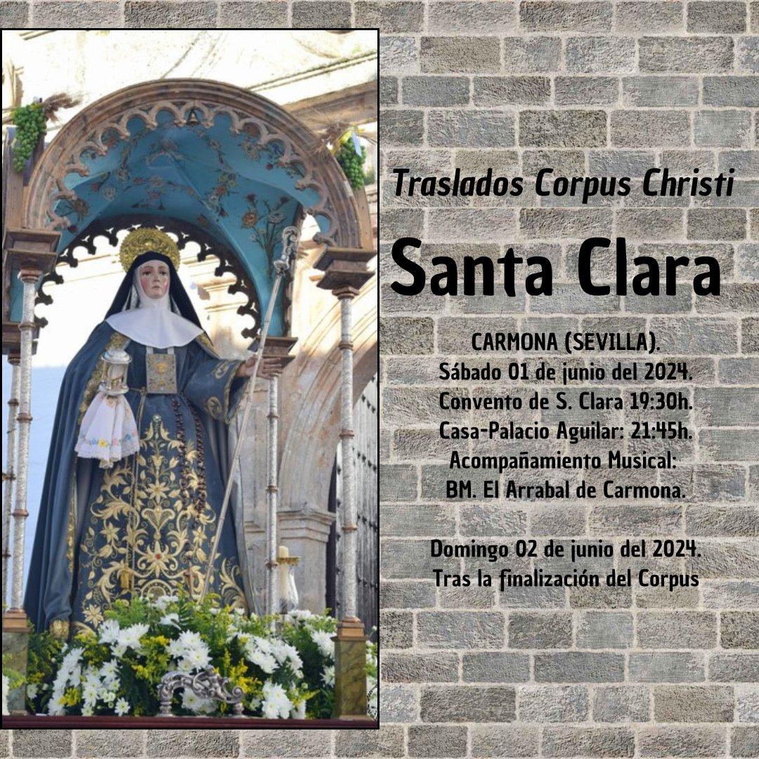 Pasión, Música y Costal (@pasmusycos) on Twitter photo 🗓 Sábado 01 y domingo 02 de mayo del 2024.
📍 Carmona (Sevilla).
⏰ 19:30h.
Traslados con motivo del Corpus Christi de Santa Clara de <a href="/columnacarmona/">Hdad. de la Columna</a>, que será acompañada musicalmente por <a href="/ArrabalCarmona/">Banda El Arrabal</a>. 🗓 Sábado 01 y domingo 02 de mayo del 2024.
📍 Carmona (Sevilla).
⏰ 19:30h.
Traslados con motivo del Corpus Christi de Santa Clara de <a href="/columnacarmona/">Hdad. de la Columna</a>, que será acompañada musicalmente por <a href="/ArrabalCarmona/">Banda El Arrabal</a>.