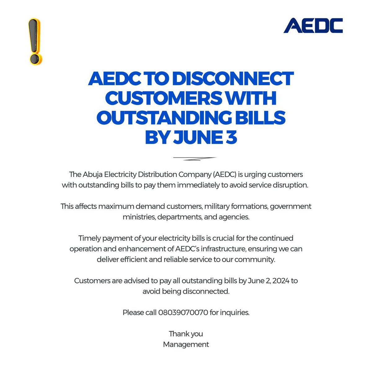 June 3rd is the disconnection date for AEDC to disrupt electricity upon nonpayment of April 2024 bills by all Maximum Demand Customers and MDAs, which is backed up by NERC. #PayYourBills #AEDC