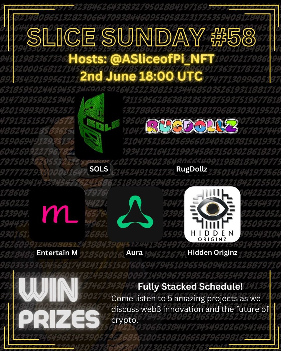 +ASliceofPiNFT (@asliceofpi_nft) on Twitter photo Set your reminders for Slice Sunday #58! 🎉
5 projects participating. Hearing from some great friends 🫂
@TheSolOriginals
<a href="/RugdollzNFT/">RugDollz 🧶</a>
<a href="/entertainm_io/">EntertainM</a>
@Aura_Partners
@HiddenOriginz
x.com/i/spaces/1djxX… Set your reminders for Slice Sunday #58! 🎉
5 projects participating. Hearing from some great friends 🫂
@TheSolOriginals
<a href="/RugdollzNFT/">RugDollz 🧶</a>
<a href="/entertainm_io/">EntertainM</a>
@Aura_Partners
@HiddenOriginz
x.com/i/spaces/1djxX…