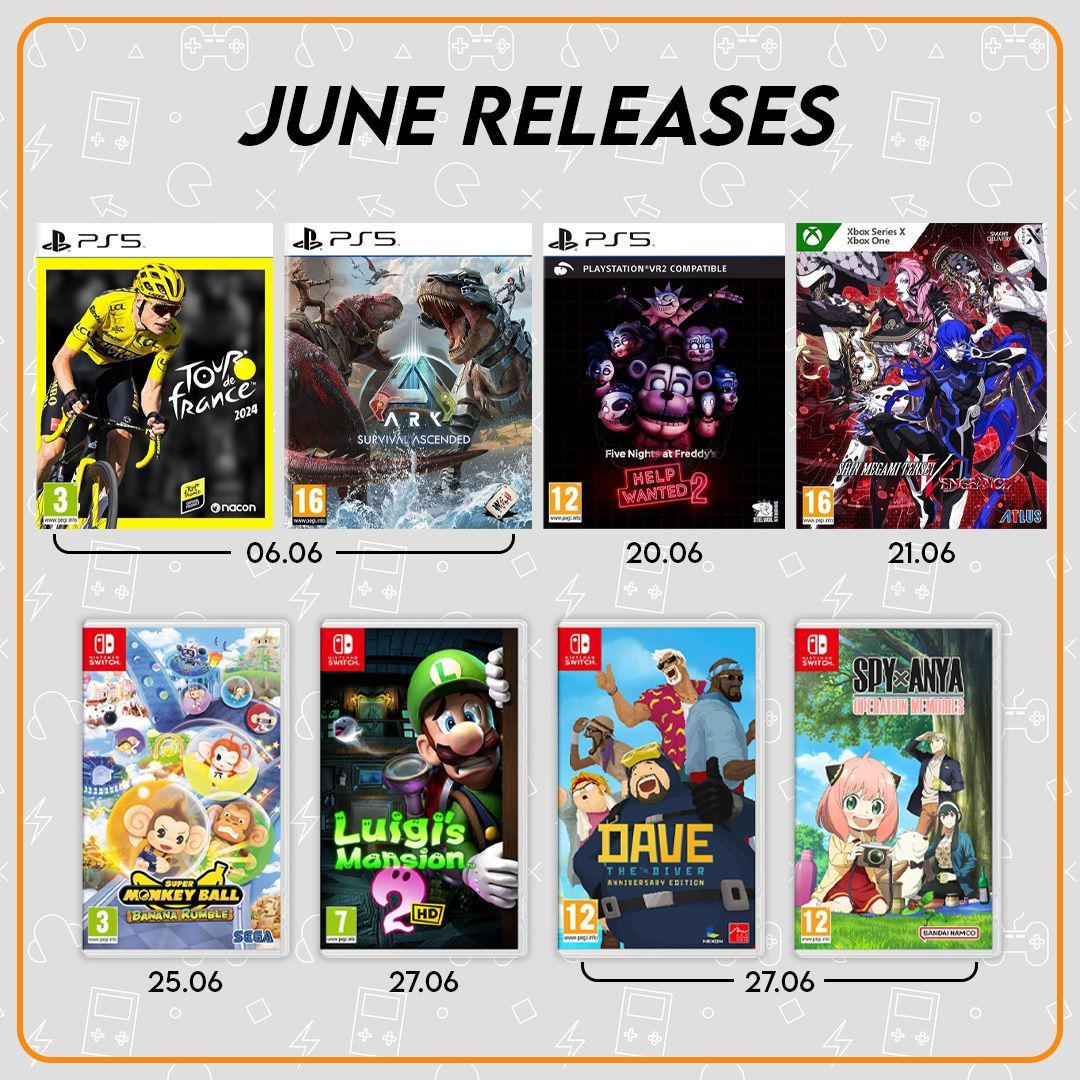 🤩 TOP GAMES RELEASING IN JUNE 🎮 
There's a game for all types of players!

Check out our website to see all games releasing this month and pre-order your favourites! 
Click the link ⤵️ 
buff.ly/458Ak8Y 
 
#'newreleases #junegames #playstation #xbox #nintendoswitch