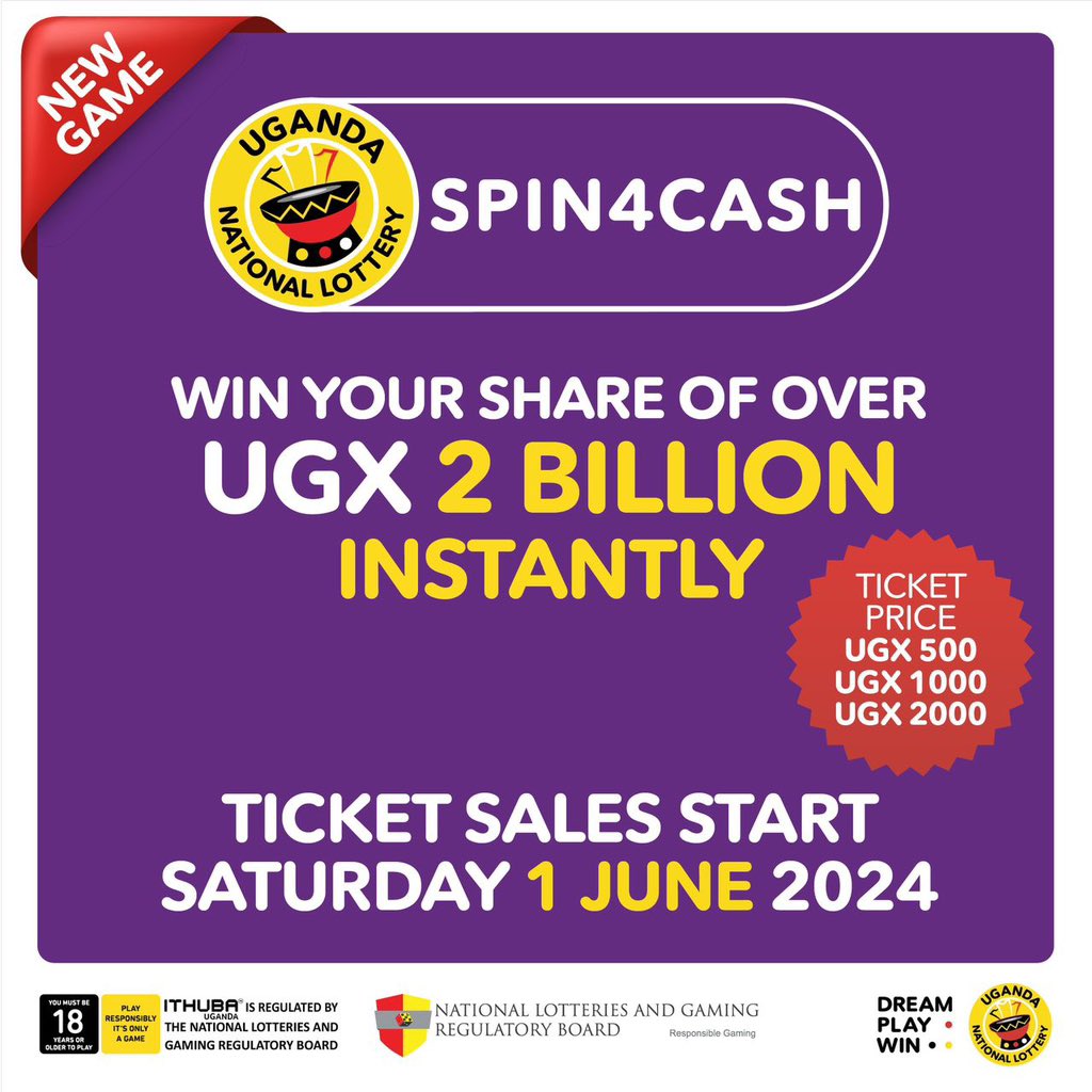 Enter the #UgandaNationalLottery  SPIN4CASH promotion for a chance to win 2 billion. Tickets are now on sale priced at 500, 1000, and 2000ugx. Dont miss out get your tickets today!