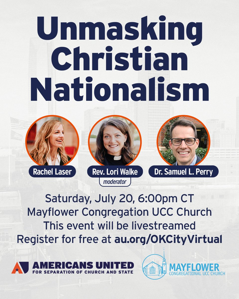 Join @rachelklaser and a panel of experts in person on Saturday, July 20, in #OklahomaCity for a discussion about the importance of church-state separation in the battle against Christian Nationalism. For virtual: au.org/OKCityVirtual For in-person: mobilize.us/au/event/62775…