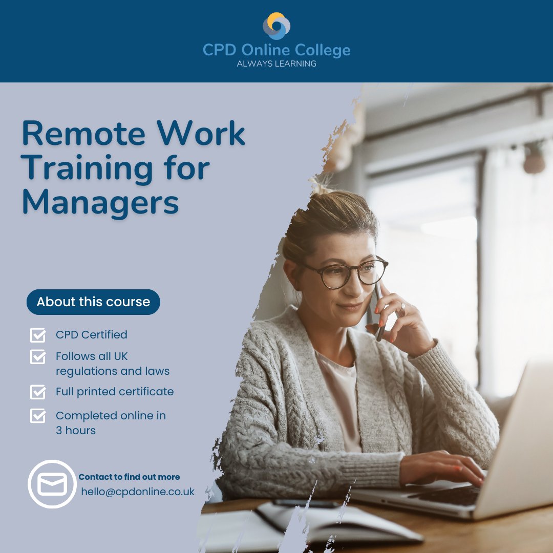 Are you ready to take your remote management skills to the next level? We're thrilled to announce our upcoming Remote Work Training specifically designed for managers! 🚀
cpdonline.co.uk/course/remote-…
 #RemoteWorkTraining  #WorkFromHome #LeadershipDevelopment #RemoteProductivity