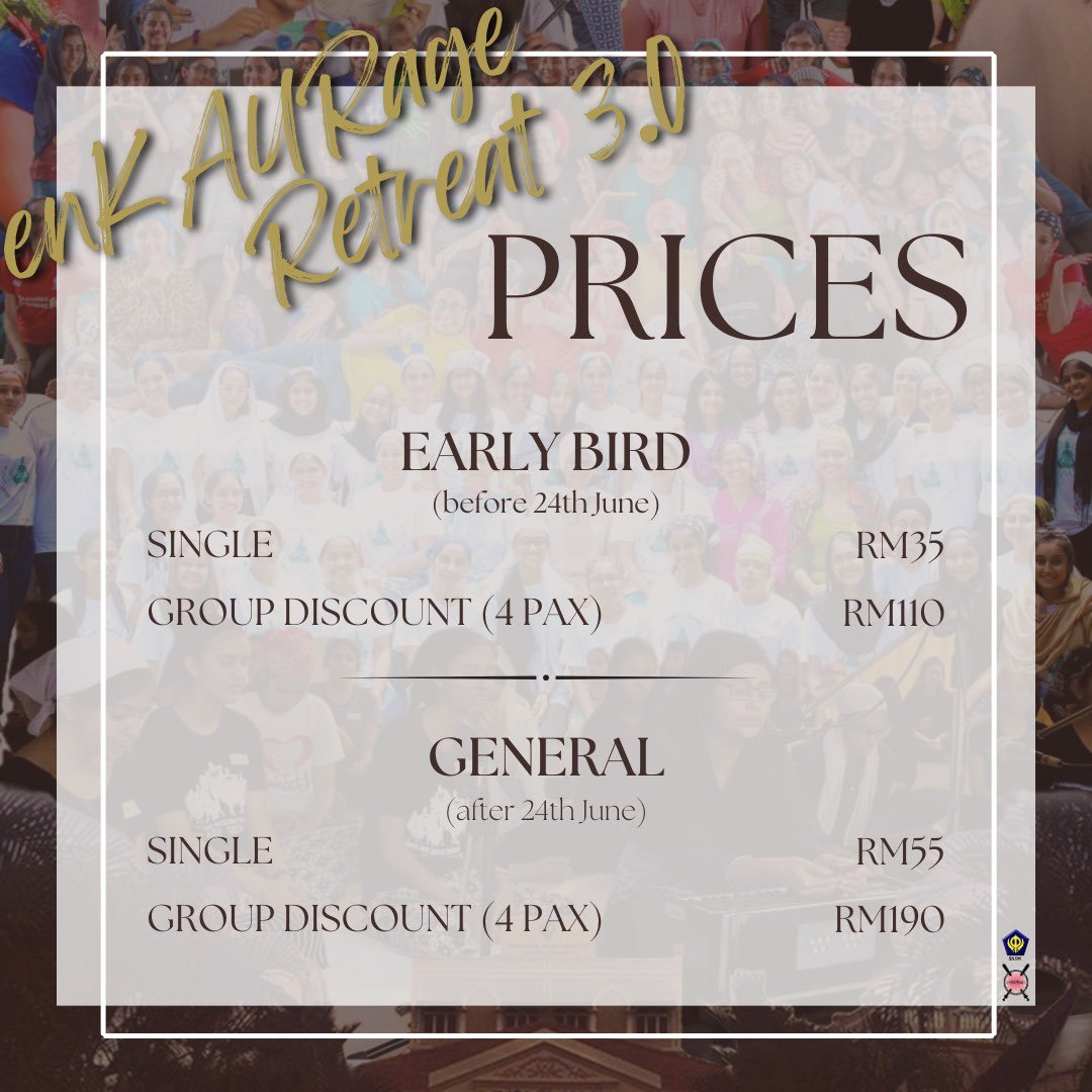 We’re super excited to announce our EnKAURage retreat is back once again &amp; we can’t wait to welcome each and everyone of you! 

Details for the pricing are on the poster. Registration opens on the 15th of June! Feel free to reach out to us if you have any questions 😁

#enkaurage
