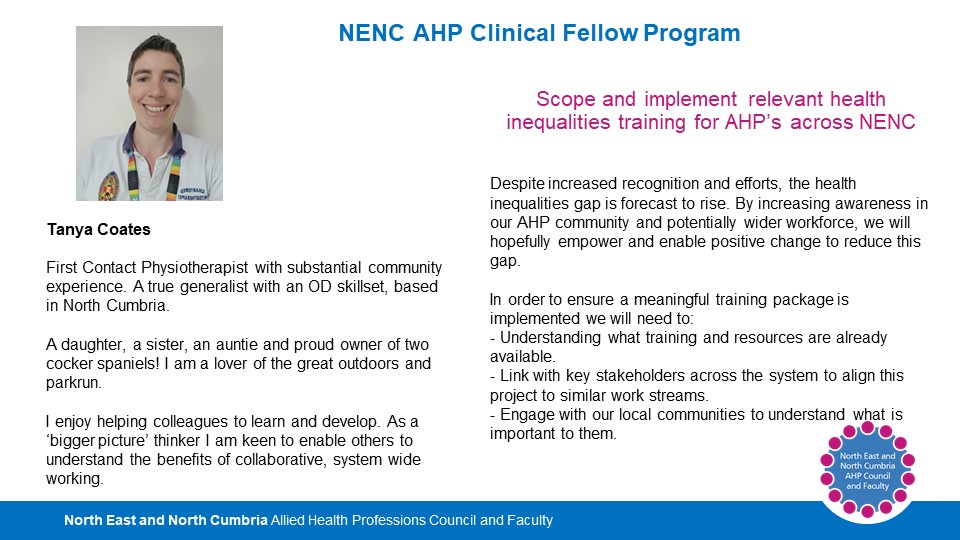 NENC AHPs (@nencahps) on Twitter photo Introducing Tanya
Tanya is leading on a project to develop training in Health Inequalities for AHPs across NENC, working alongside <a href="/NENC_NHS/">North East and North Cumbria NHS</a> to support and enrich the fabulous work already in place
<a href="/Tan_823/">Tanya Coates</a> <a href="/MQuinn2020/">Dr Maria Avantaggiato-Quinn</a> <a href="/hamidmotraghi/">Hamid Motraghi MBE</a> <a href="/HindleLinda/">Linda Hindle OBE</a> Introducing Tanya
Tanya is leading on a project to develop training in Health Inequalities for AHPs across NENC, working alongside <a href="/NENC_NHS/">North East and North Cumbria NHS</a> to support and enrich the fabulous work already in place
<a href="/Tan_823/">Tanya Coates</a> <a href="/MQuinn2020/">Dr Maria Avantaggiato-Quinn</a> <a href="/hamidmotraghi/">Hamid Motraghi MBE</a> <a href="/HindleLinda/">Linda Hindle OBE</a>