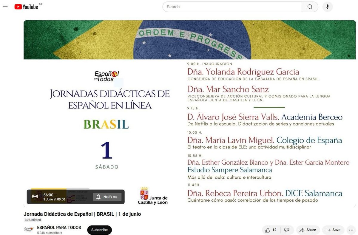 Todo preparado para nuestra Jornada didáctica para profesores de español en Brasil. Nuestro live de YouTube solo está abierto a las personas que se han matriculado. Las personas inscritas podrán confirmar su asistencia una vez comience la jornada. Disfruten de esta actividad.