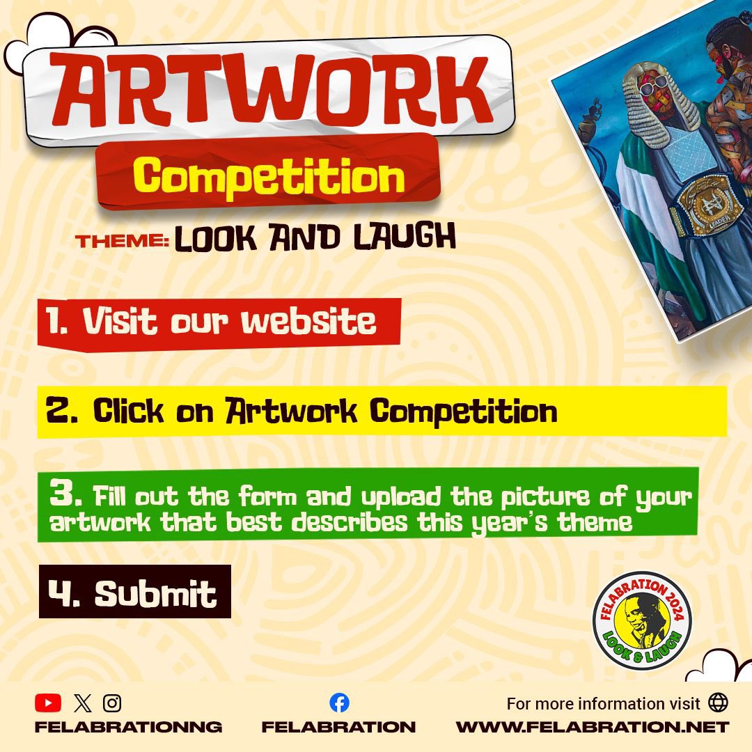 Celebrating the legacy of Fela Kuti through vibrant art! 🎨🌟 

Unleash your creativity at the Felabration Artwork Competition. 

Let's honor the Afrobeat legend together!

Register here: docs.google.com/forms/d/1llsSt…