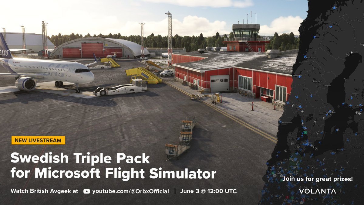 Join <a href="/BritishAvgeek/">BritishAvgeek</a>  as he flies over the Scandinavian Mountains with the Swedish Triple Pack from Orbx! ✈️

Date: June 3, 2024 
Time: 10:00 PM AEST / 12:00 UTC 
Platform: youtube.com/watch?v=EZ0auF…

Check out Swedish Triple Pack -> marketplace.orbx.au/britishavgeek

#orbx #volanta #msfs