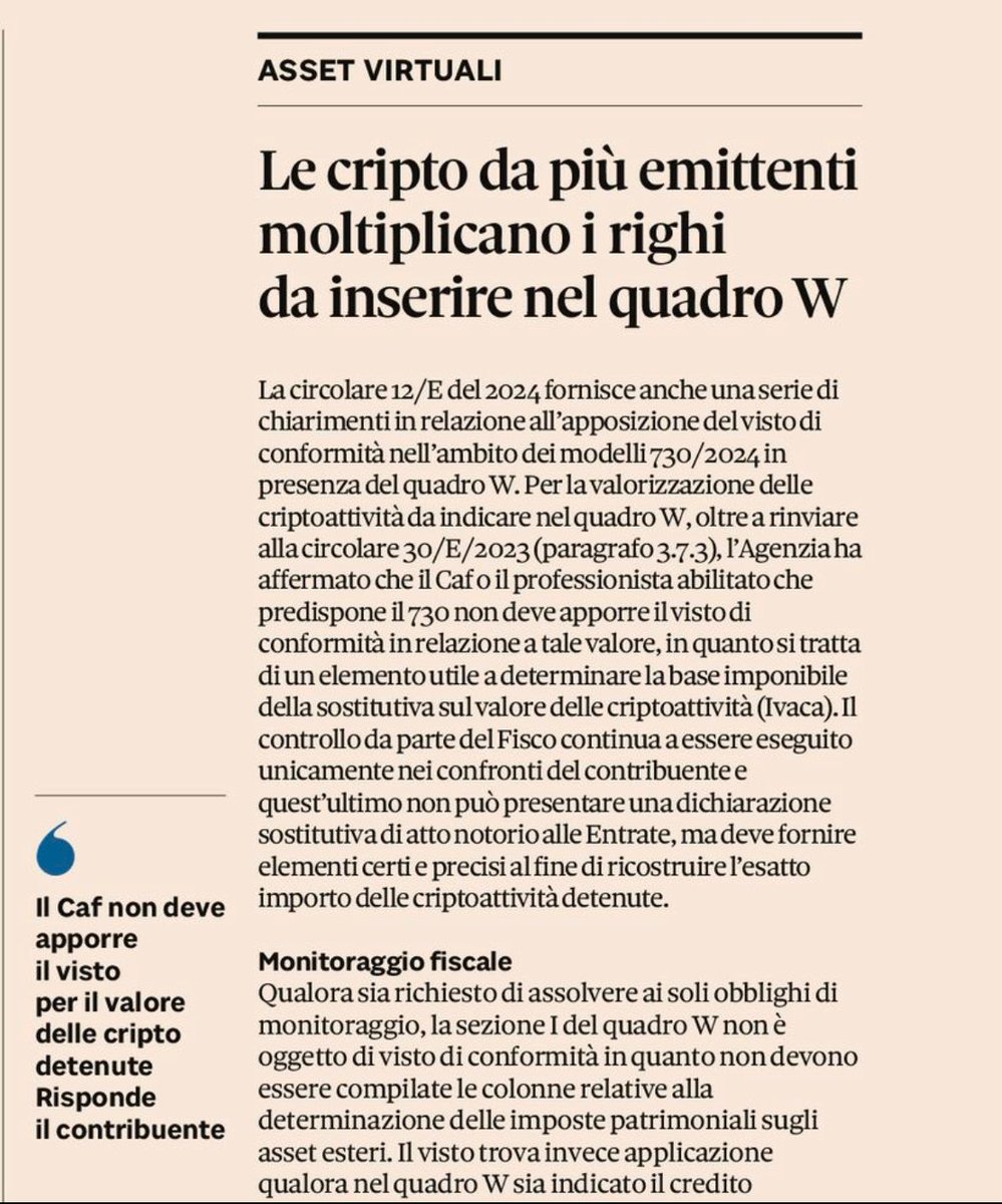 Segnalo un mio articolo in edicola oggi nel quale arrivo alla conclusione che la compilazione semplificata del quadro W è ammessa solo nel caso in cui l'Exchange abbia trattenuto l'imposta di bollo del 2 per mille. Versione online: lnkd.in/dqEwJ8s8