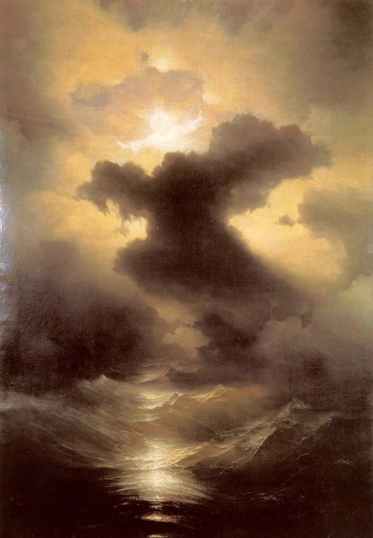 Иван Айвазовский «Хаос. Сотворение мира», 1841 год Эта картина кисти Ивана Айвазовского очень похожа на остальные его произведения, поскольку здесь много неба и моря. Однако это произведение несёт немного другой посыл.