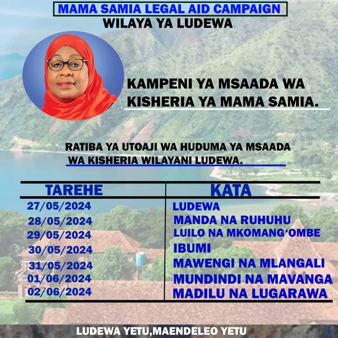 MAMA SAMIA LEGAL AID CAMPAIGN WILAYANI LUDEWA

Kampeni ya Msaada wa Kisheria ya Mama Samia (Mama Samia Legal Aid Campaign) inaendelea Wilayani Ludewa-

Kampeni hii ina dhamira ifuatavyo: 

✅Kutoa Elimu ya Masuala ya Kisheria- Ardhi, Madai, Mirathi, Ndoa, Jinai, Haki za Binadamu