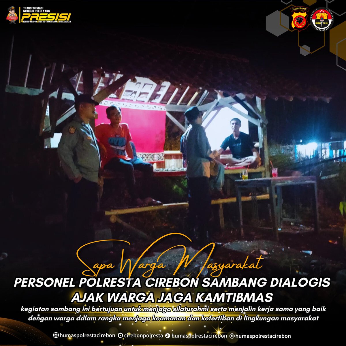 humas_gempol's tweet photo. Sapa Warga Masyarakat Personel Polresta Cirebon Sambang Dialogis Ajak Warga Jaga Kamtibmas

#polrestacirebon #kapolrestacirebon #patrolidialogis @divisihumaspolri @polisi_indonesia  @spripim.polri @humaspoldajabar https://t.co/MGknzjc15V