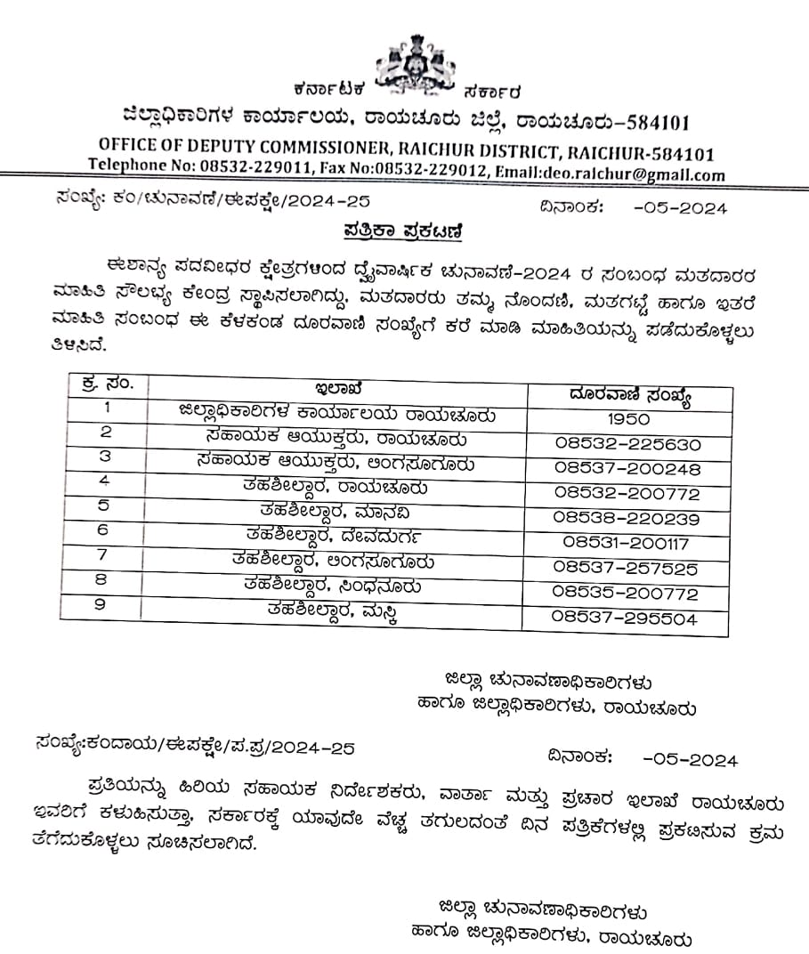 Karnataka North East Graduates' Constituency Raichuru District Voter Facilitation Centre Number.