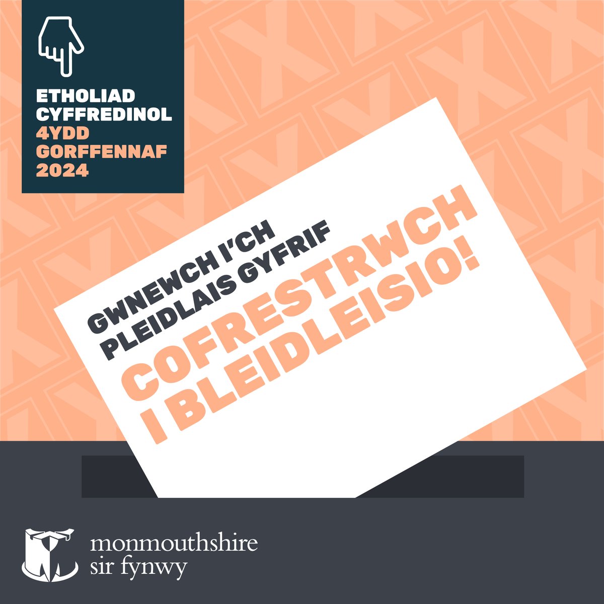 📣 Bydd etholiad cyffredinol ar y 4ydd Gorffennaf. Gwnewch yn siŵr eich bod wedi cofrestru i bleidleisio. Gallwch gofrestru ar-lein yma 👉 gov.uk/cofrestru-i-bl… Y dyddiad cau ar gyfer cofrestru i bleidleisio yw'r 18fed Mehefin 2024.