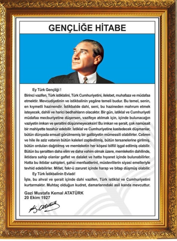 Atatürk'ün gençliğe hitabesi 
bir  duvar süsü değil erken uyarı sistemidir‼️

#ÜlkemdeMülteciİstemiyorum..
#GericiEğitimeHAYIR