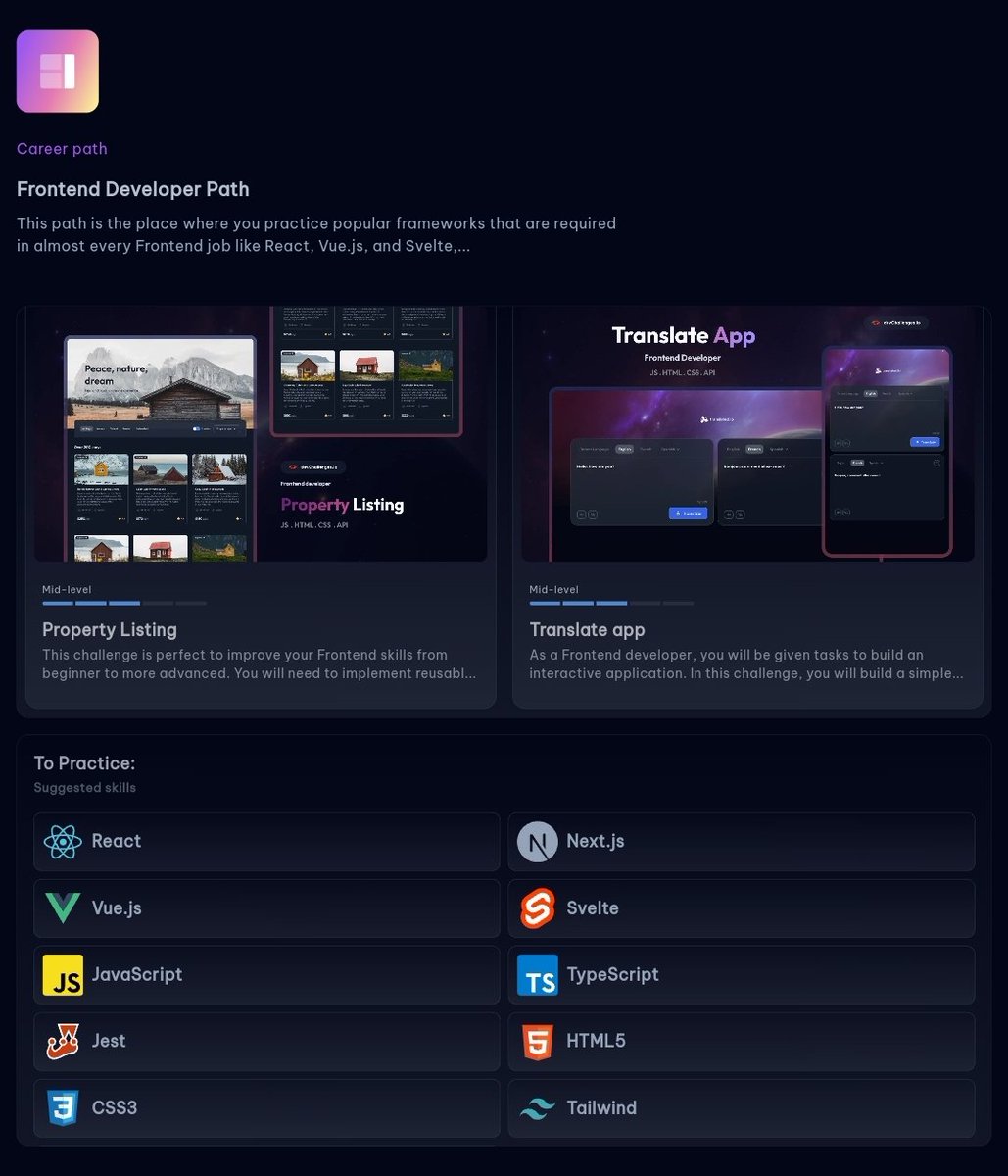guillaume_rygn's tweet image. Pour ceux qui veulent s améliorer en dev je vous conseille devchallenges.io! 

C est un site qui propose des challenges de code mais c est décomposer en fonction de ce qu on souhaite faire par exemple des challenges autour de composant ou autour de page complète etc