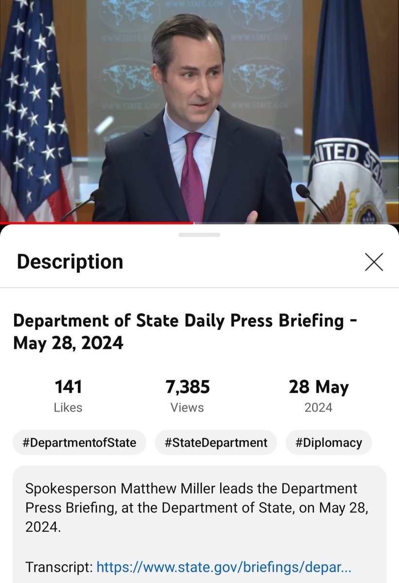 Shayan86's tweet photo. The Russian embassy in South Africa has posted a fake video of State Dept spokesperson Matthew Miller telling a reporter that Belgorod has no civilians.

The video contains two edited clips from separate briefings on 9 and 28 May, with fake, AI-generated audio overlaid on top. https://t.co/ufCgP2slpP