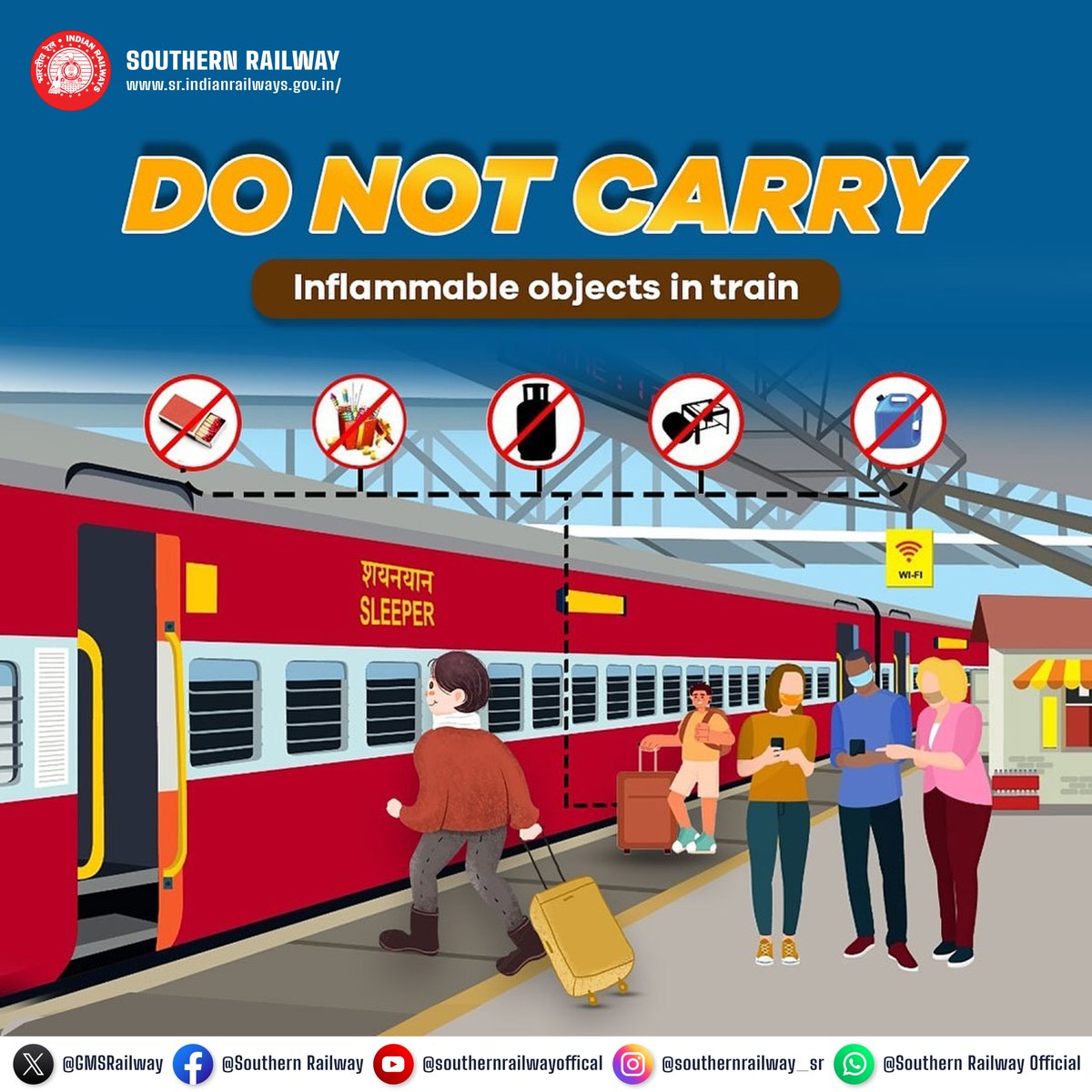 Pack smart, travel safe!

For a #SafeJourney, please avoid carrying inflammable items like lighters, matchboxes, fireworks, gas cylinders, or kerosene on trains. Let's prioritize safety for everyone.  

#SouthernRailway #TravelSafe #TravelEssentials #SafetyFirst #RailwaySafety